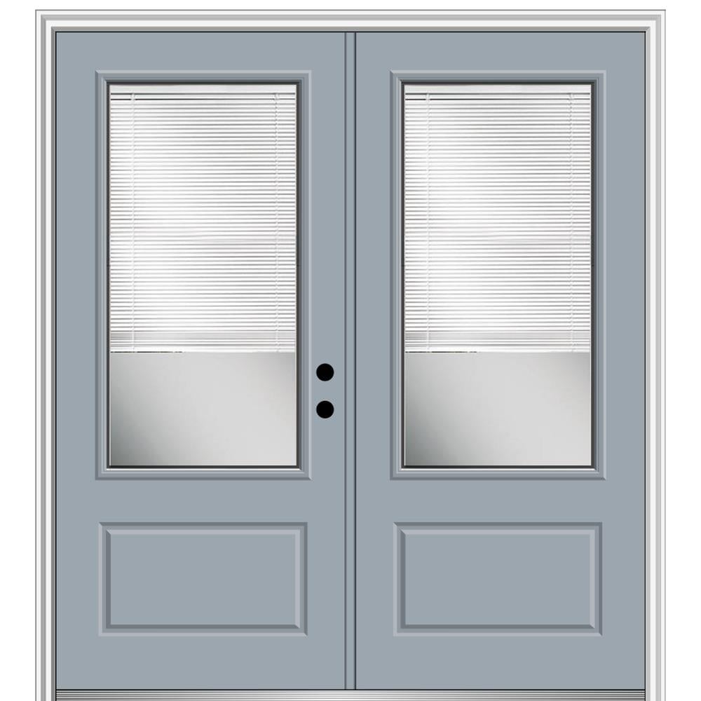 MMI DOOR ZZ01893L 72-in x 80-in x 4-9/16-in Fiberglass 3/4 lite Left-hand inswing Storm Cloud Painted Prehung Double Front Door with Brickmould Insulating core with Blinds
