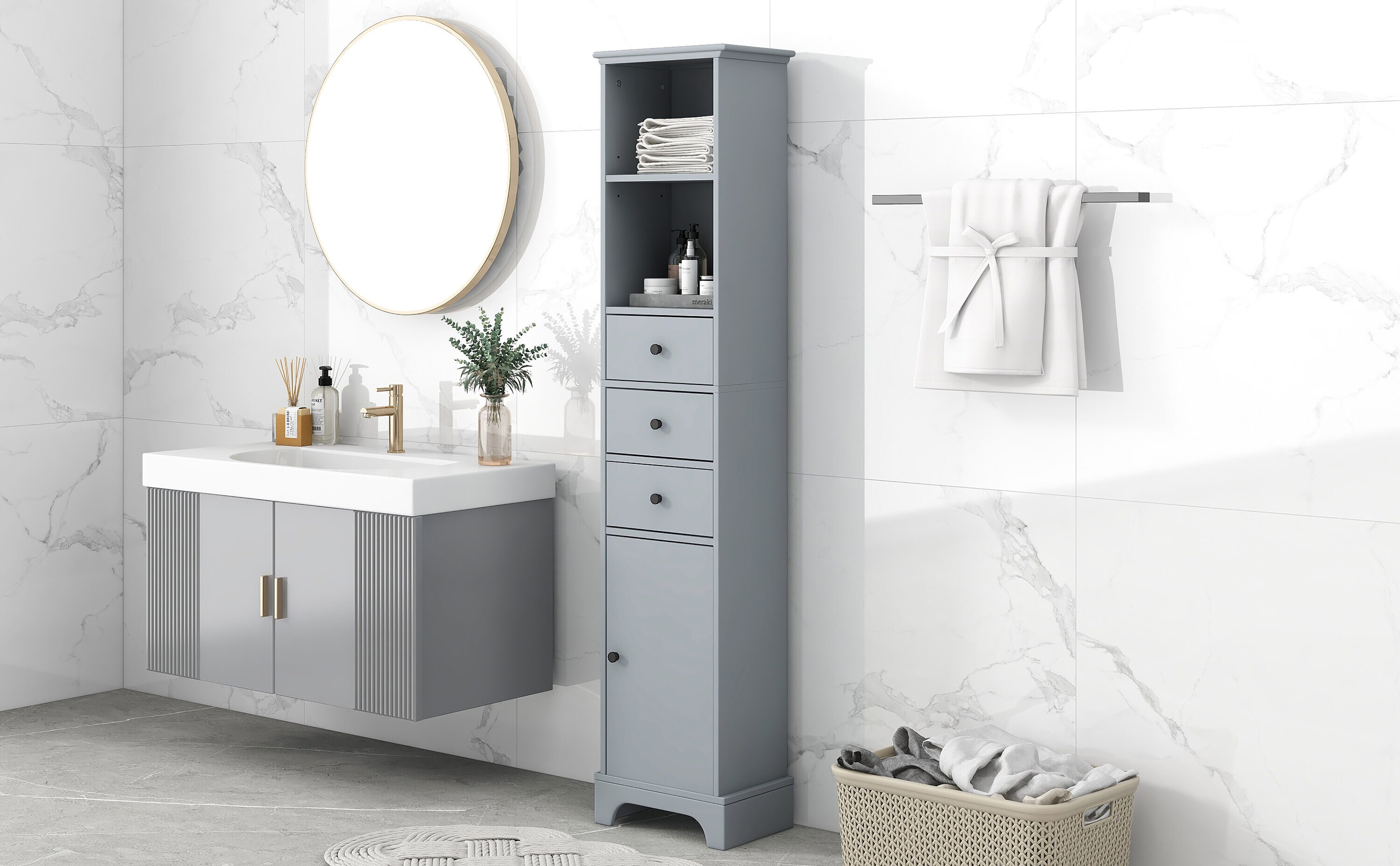 Tall Bathroom Freestanding Corner Cabinet With Door And Adjustable Shelves,  Gray - ModernLuxe