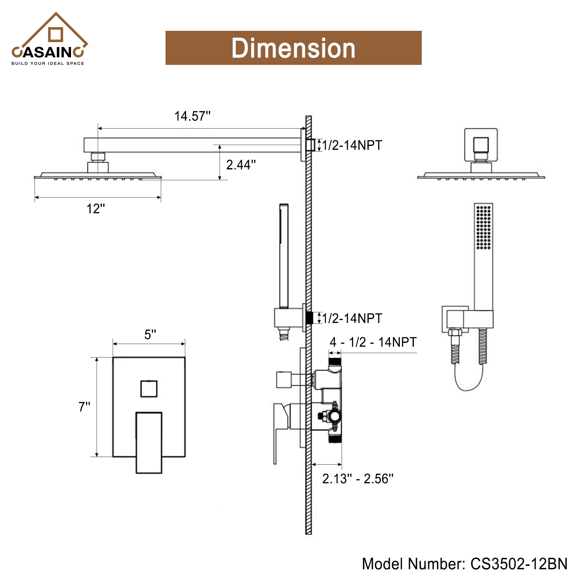 CASAINC CS3502-12BN Showerhead-Bar-Panels - View #5