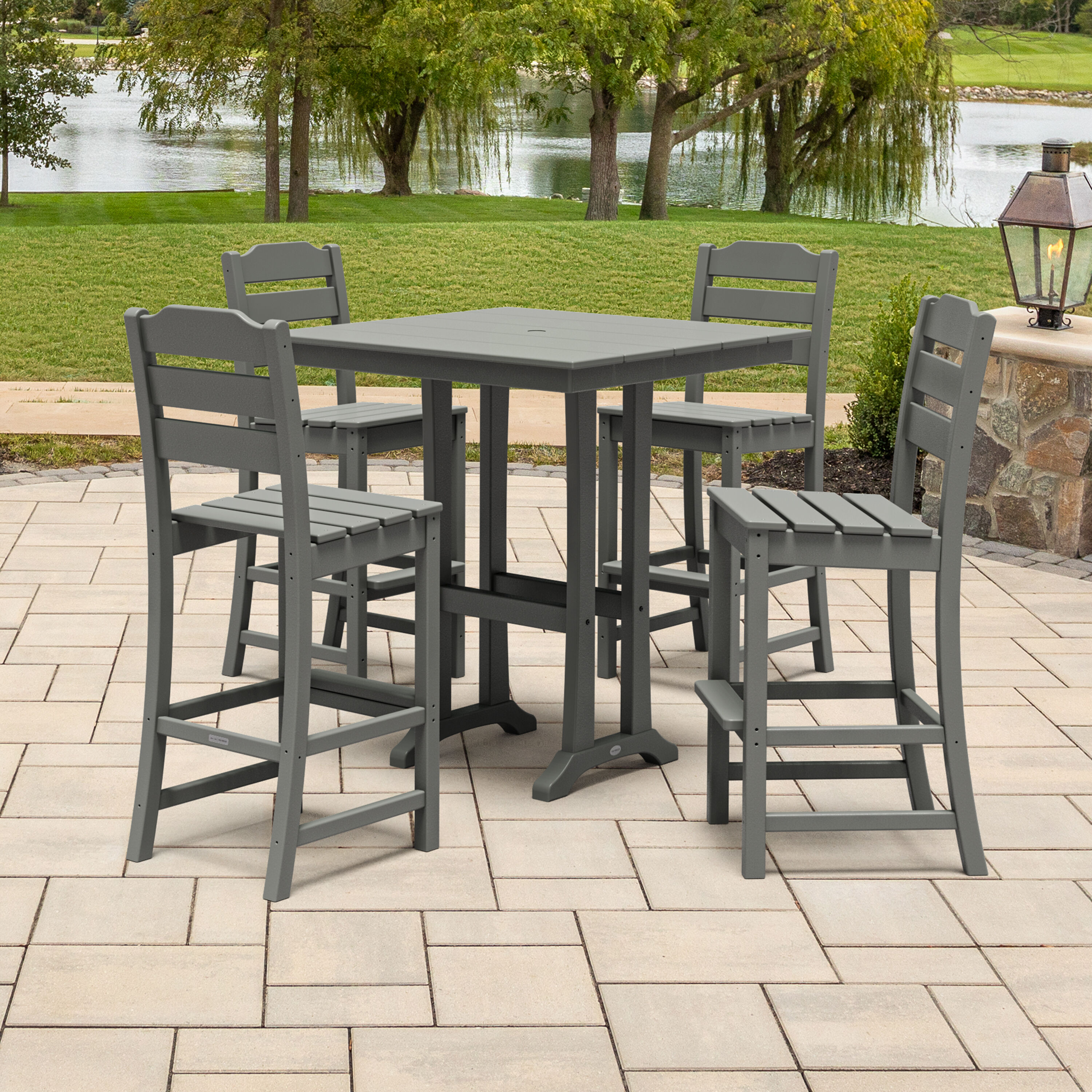 POLYWOOD PWS2538-1-GY Oakport 5 -Piece Slate Grey Bar Height Patio Dining Set Plastic Square Table with 4 Stationary Chairs