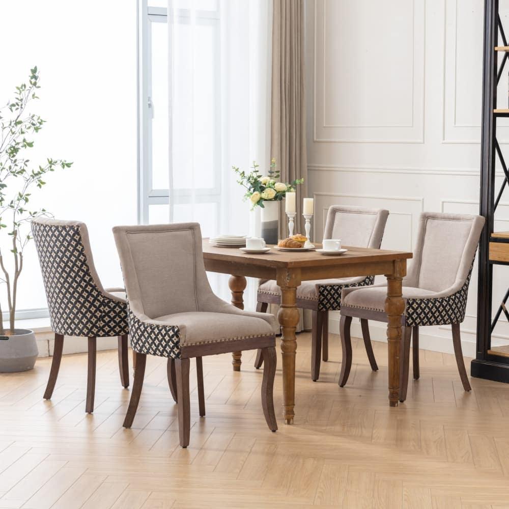 Maison Boucle SORA-CHAIR-PATTERN-4 Set of 4 Beige Patterned Upholstered Dining Chairs with Bronze Nailhead Trim Wood Legs for Kitchen