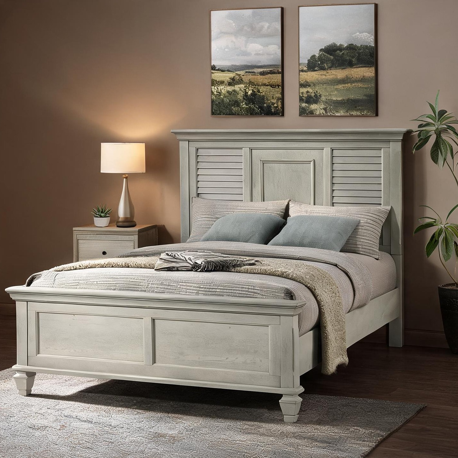 SunJet Queen Panel Bed with Louvered Headboard in White-Toned Wood Finish for Bedroom Sanctuary