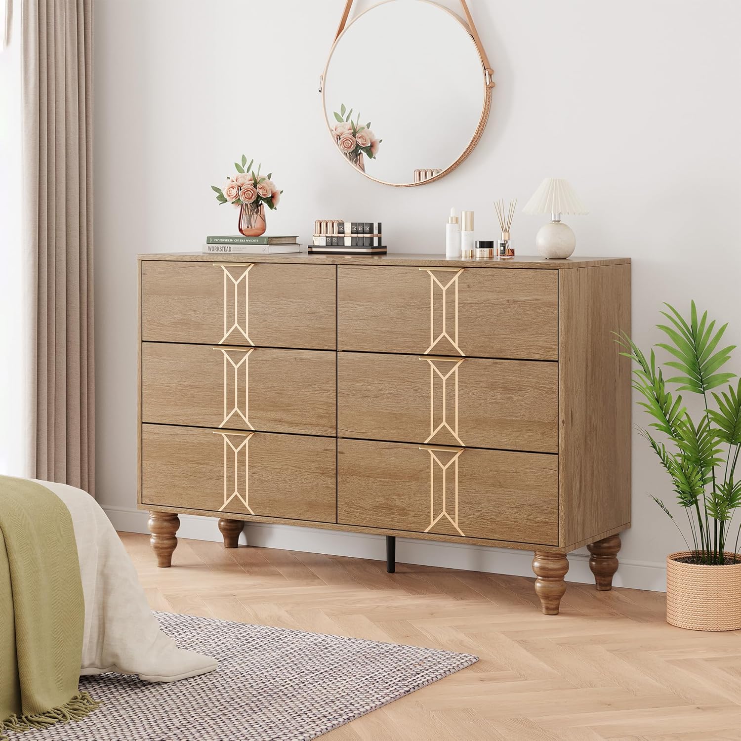 Garvee Modern Wooden 6 Drawer Dresser with Vintage Pattern Design Chest Dresser with Deep Drawers for Bedroom Living Room and Entryway Oak and Gold