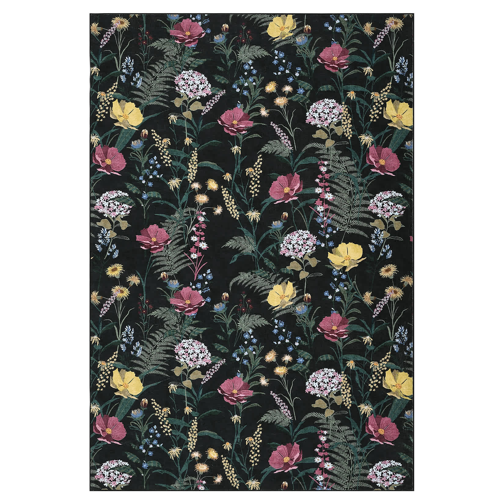 Qeetex LSN-PHK-344F6WE7 8 x 10 ft Pearl Velvet Black Rectangular Hallway Bathroom Entryway Kitchen Office Foldable Flower Printed Modern Washable Area Rug