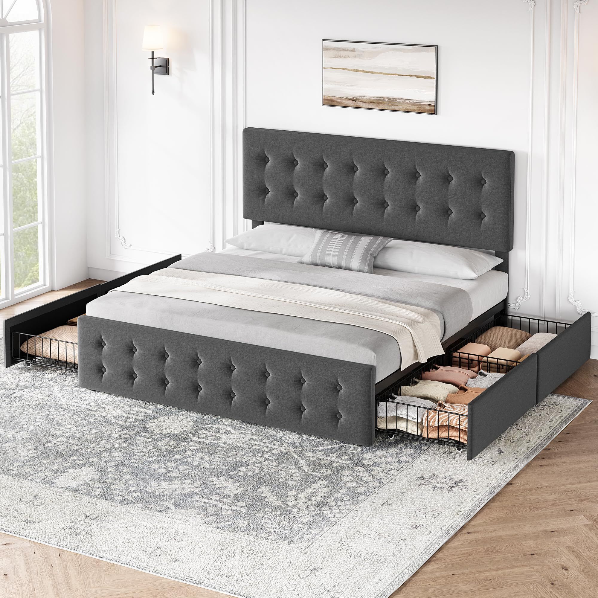 Garvee King Dark Gray Bed Frame with 4 Storage Drawers and Headboard ...