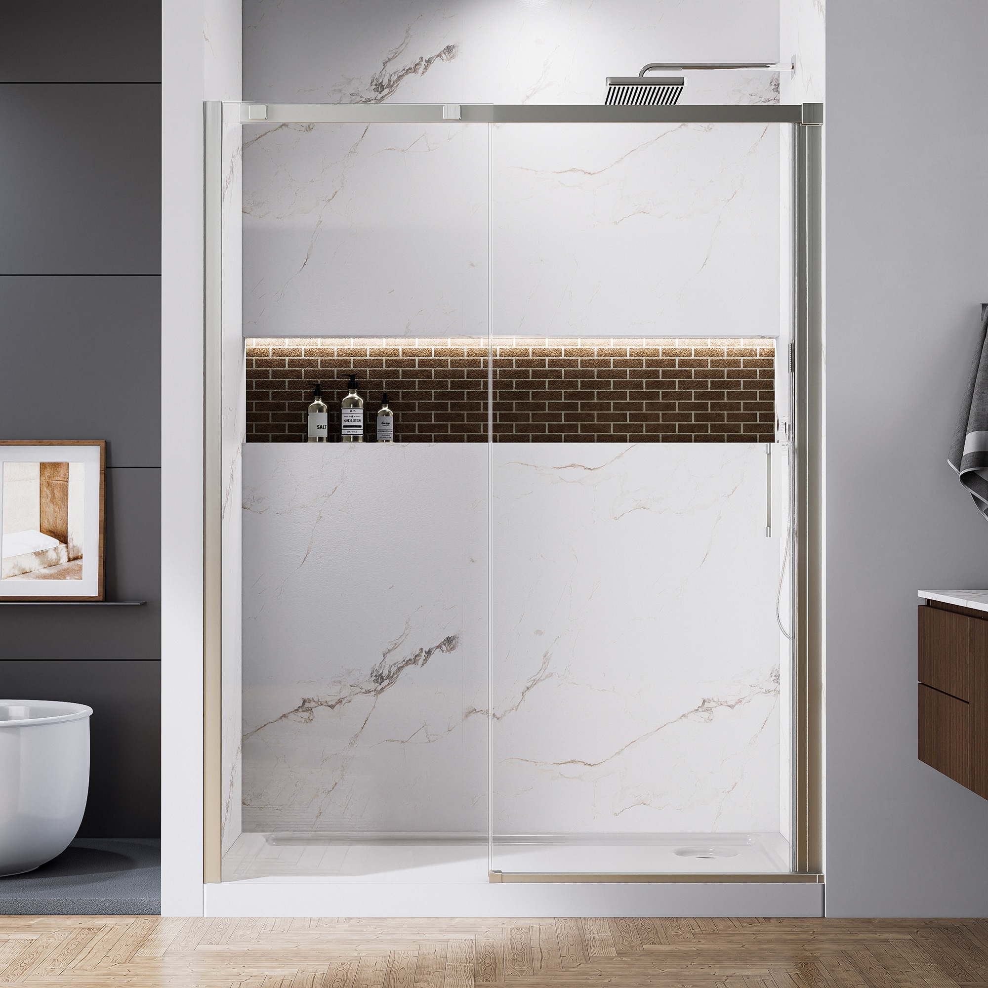 MODLAND 56-in to 60-in W x 74-in H Brushed Nickel Framed Sliding Shower Door with Clear 8mm SGCC Tempered Glass