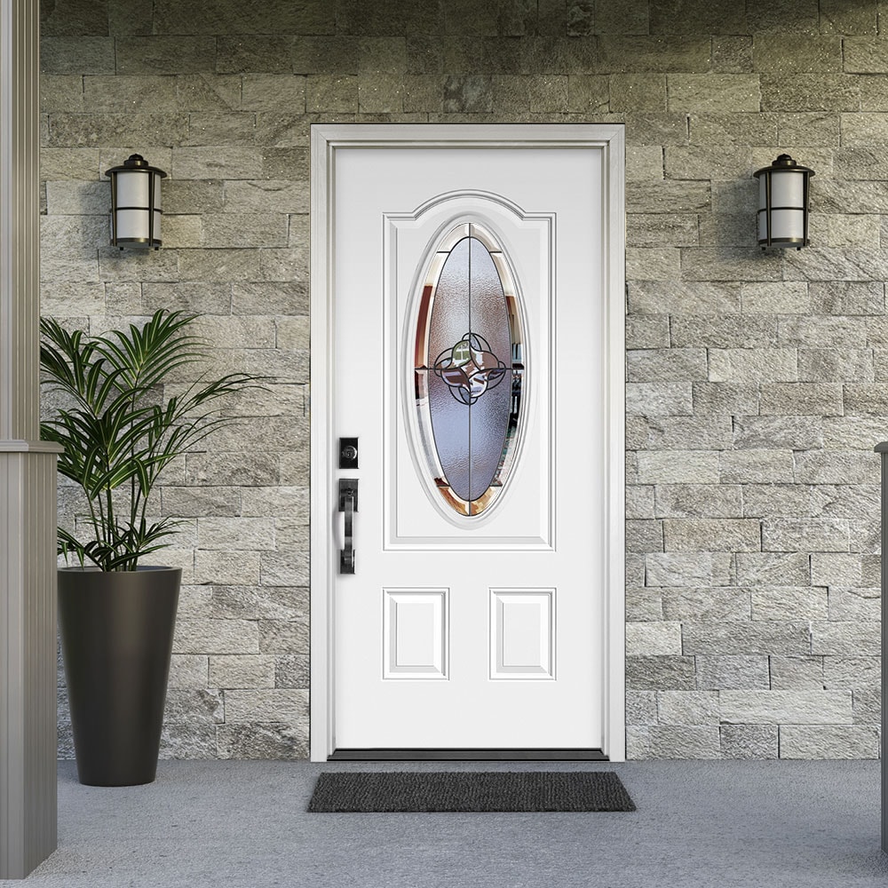 Masonite Rozet 36-in x 80-in Steel Oval Lite Right-Hand Inswing Primed  Prehung Single Front Door with Brickmould Insulating Core in the Front Doors  department at