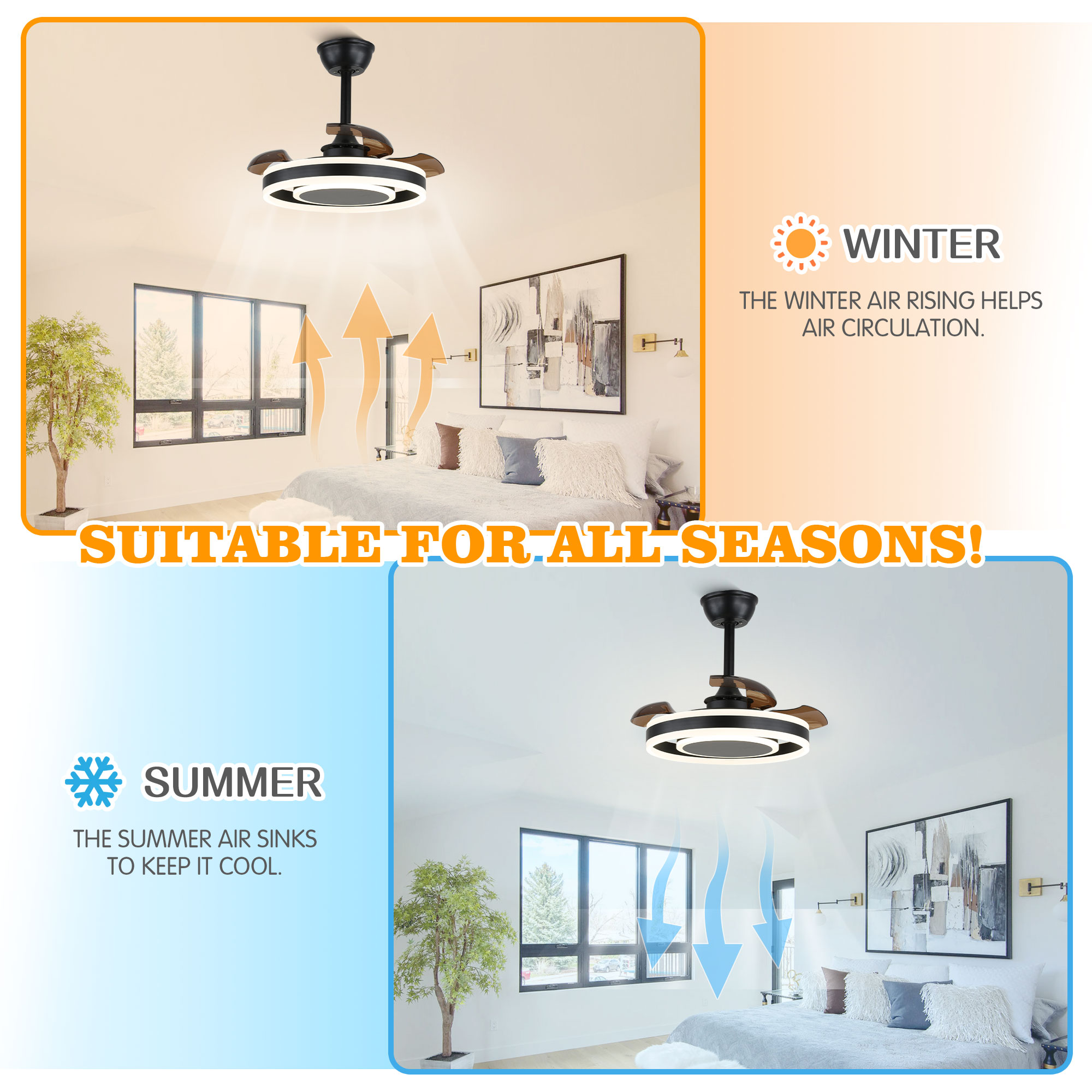 22-Inch Black Modern Ceiling Fan with Clear Blades and LED Light