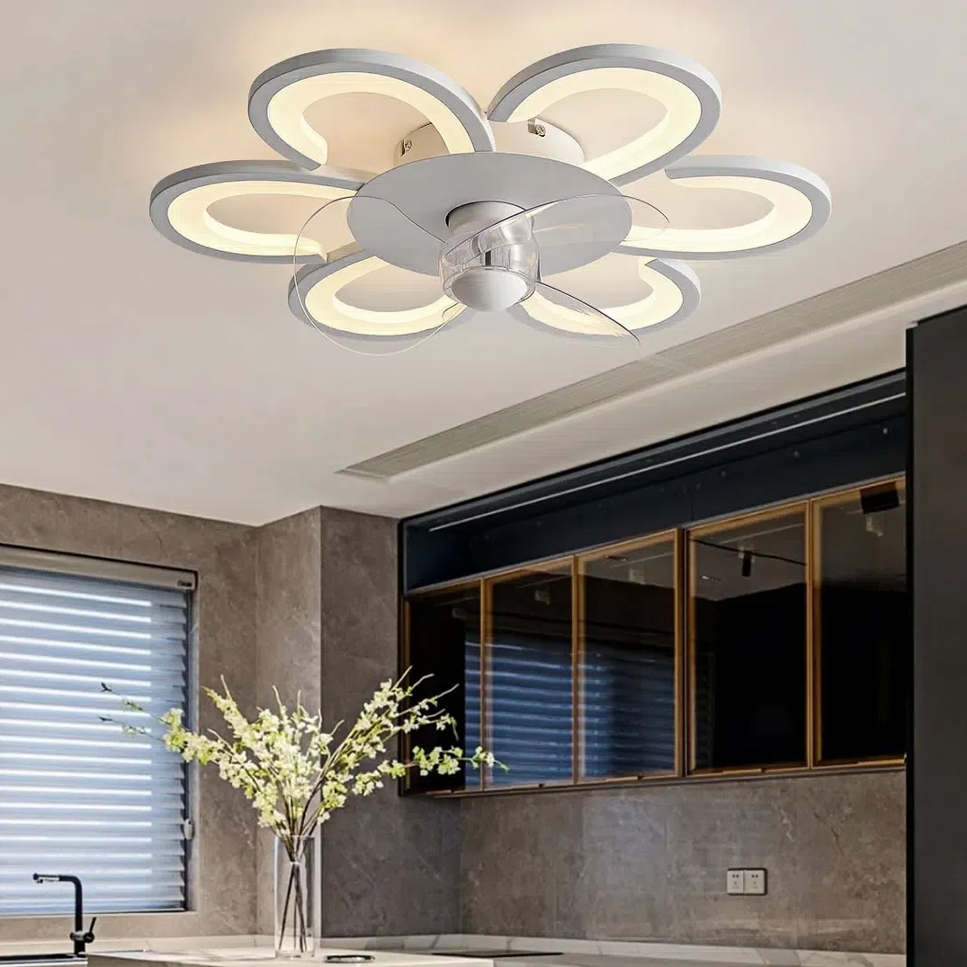 Oukaning JZUCOD6UNSHCX 19.7-in Color-Changing Flush Mount White Novel Flower Shape Reversible Blade 6-Speed with ABS Blades Fandelier Ceiling Fan With Light - Remote Included ( 3 -Blade )