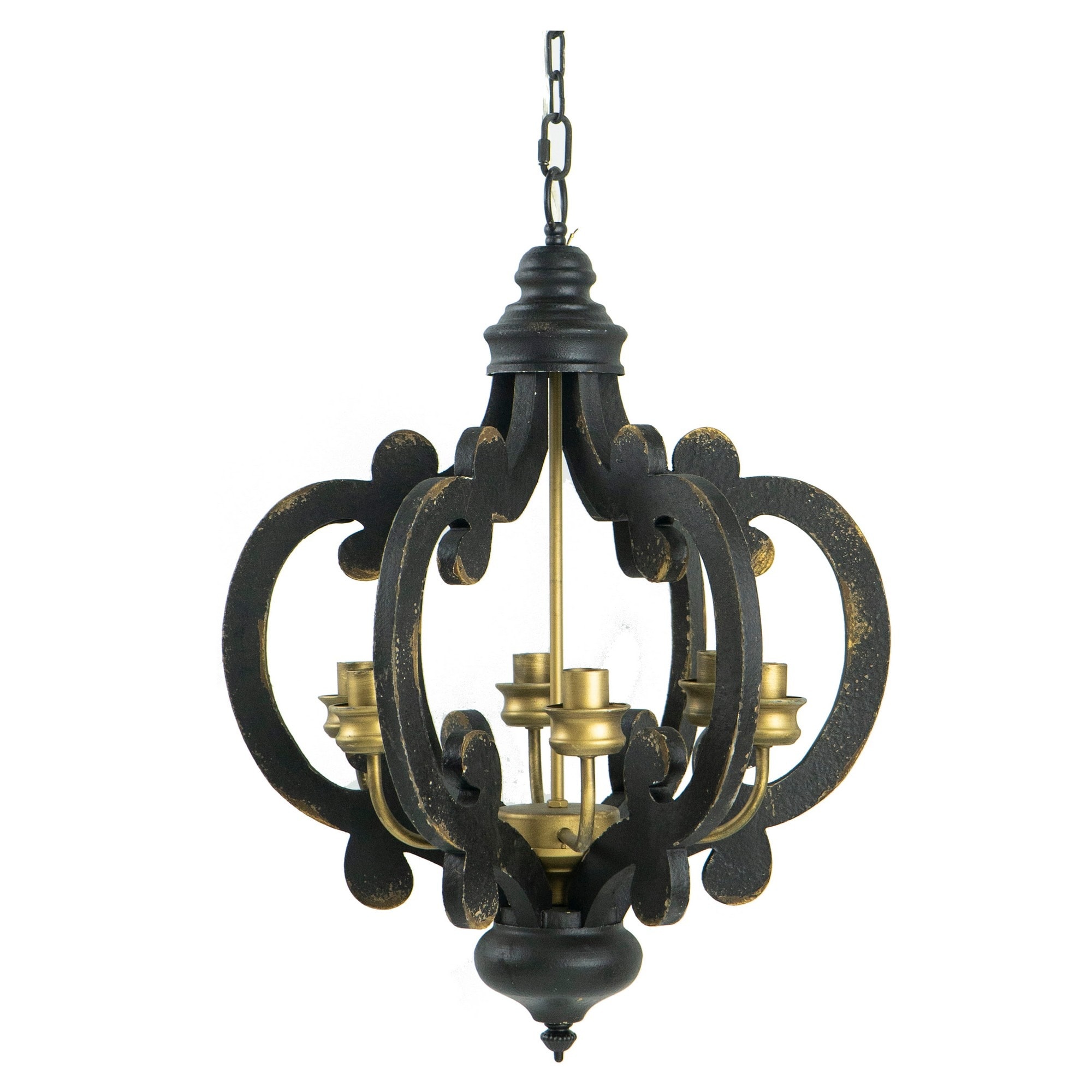Tinyhomie Aki 21 Inch Carved Wood Chandelier 6 Lights Vintage Classic Black Gold
