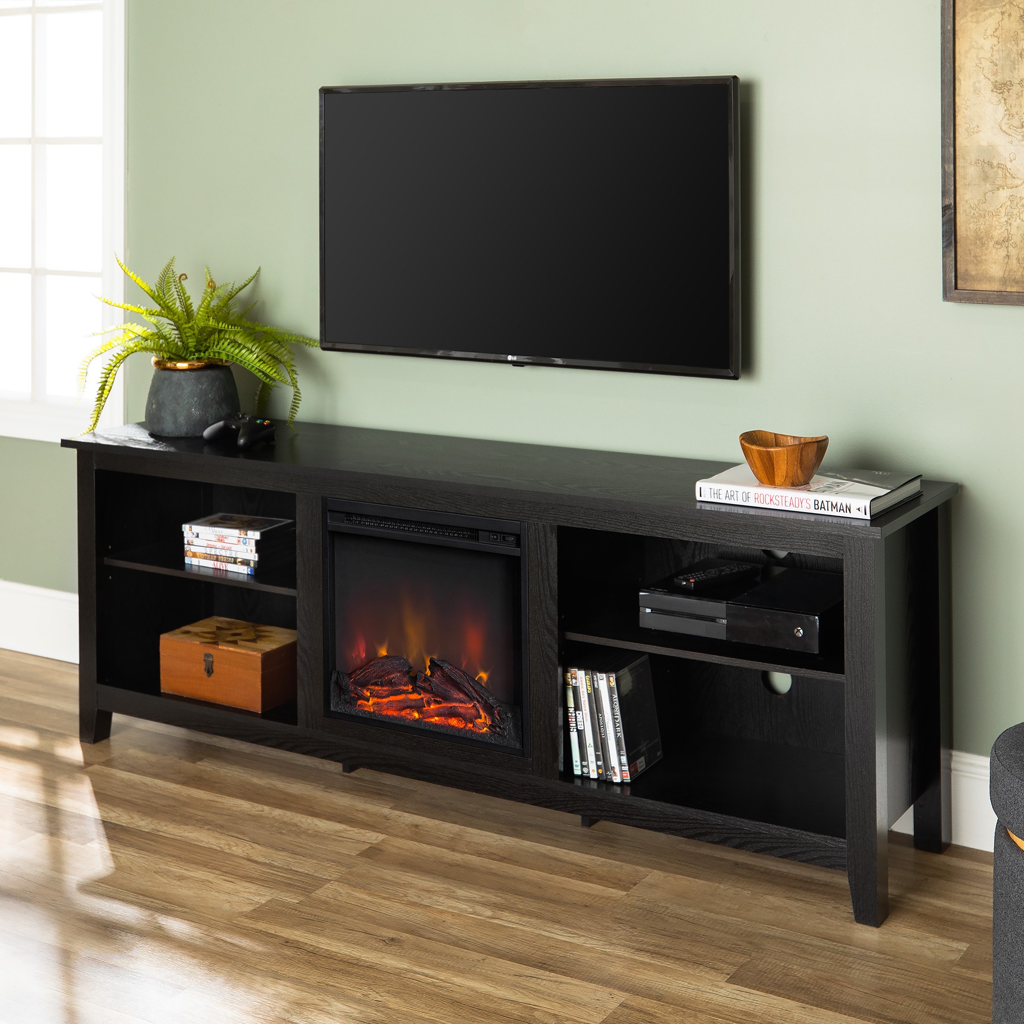 Walker Edison W70FP18BL 70-Inches W Black TV Stand with LED Flat wall Electric Fireplace