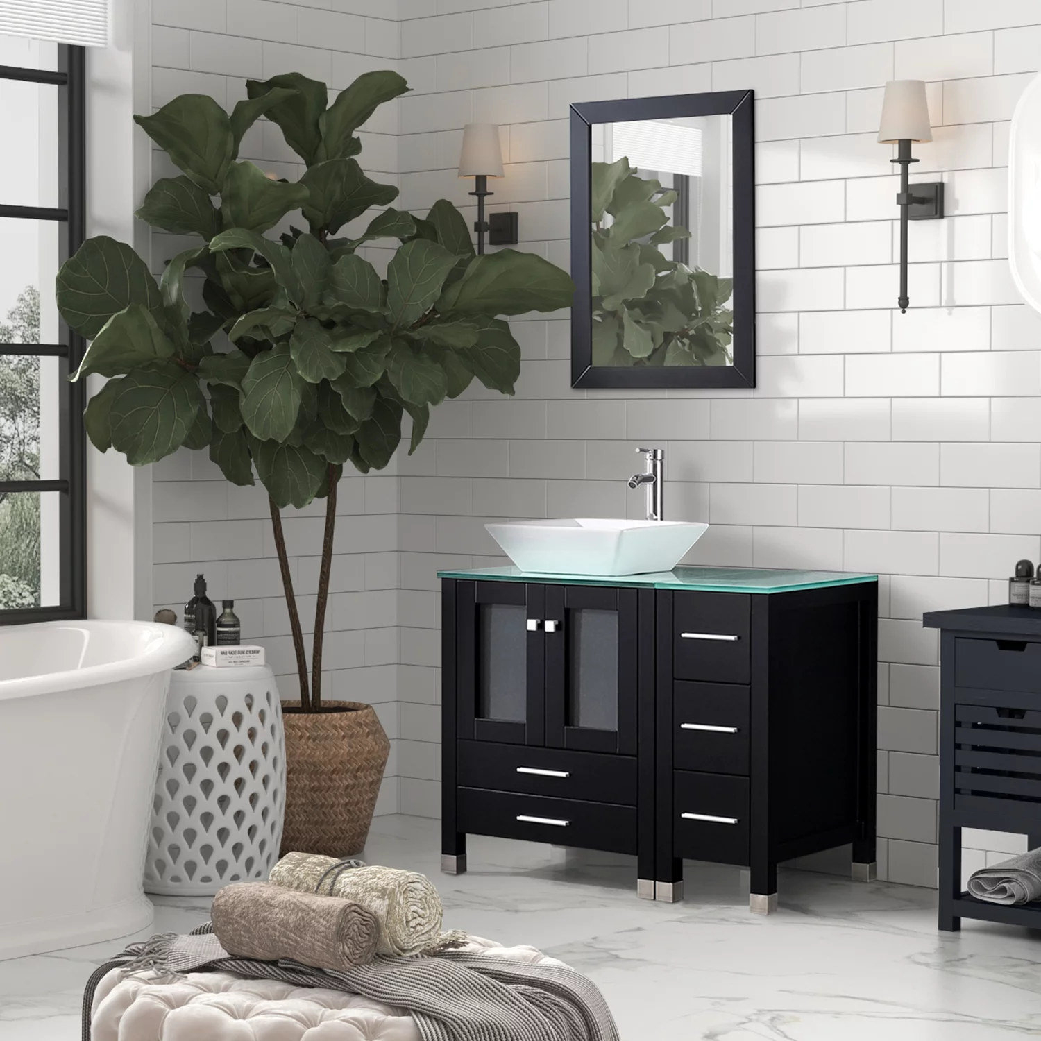 Wonline 20 Small Bathroom Vanity with Sink Bathroom Cabinet Sink Black  Wood Storage with Undermount Vessel Sink Faucet 