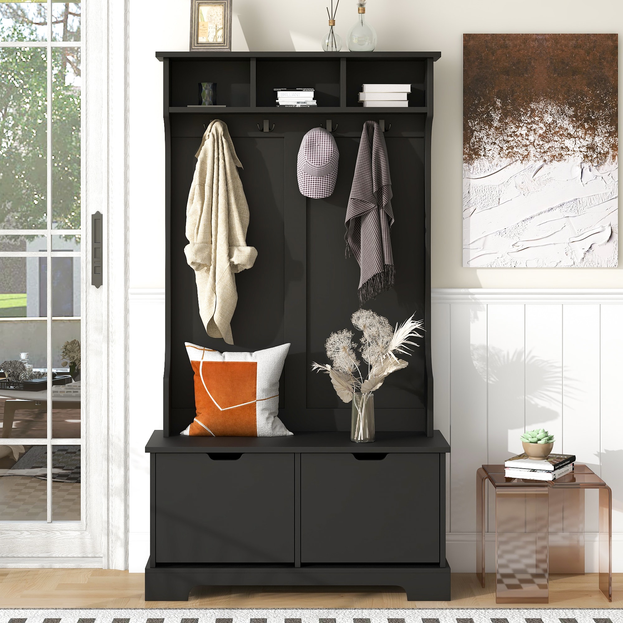 GZMR All in One Hall Tree Black Wood Clothing Rack GZ-OT3971B at Lowes.com