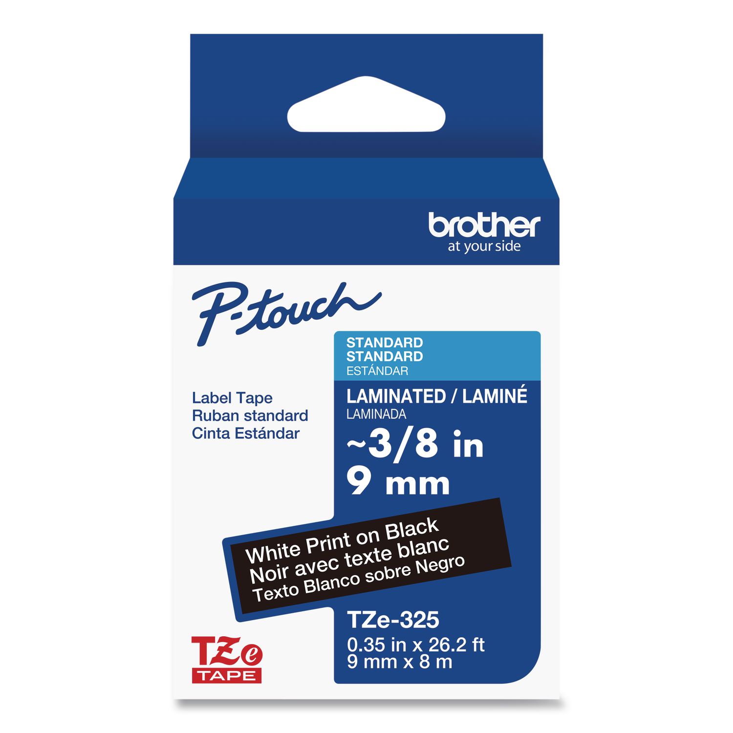 Brother Tze Standard Adhesive Laminated Labeling Tape 0.35 X 26.2 Ft White On Black