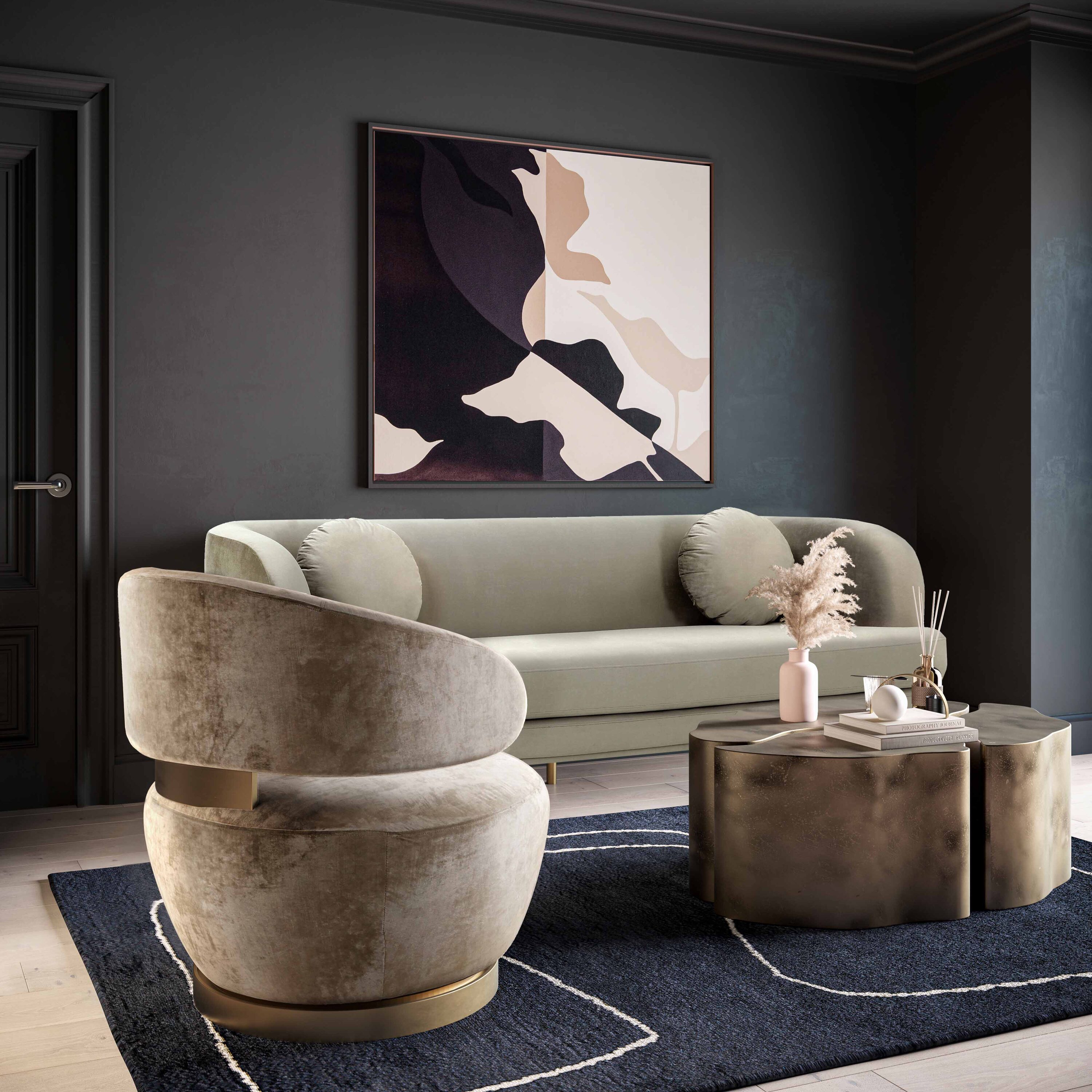 Champagne Velvet Swivel Chair with Wood Base