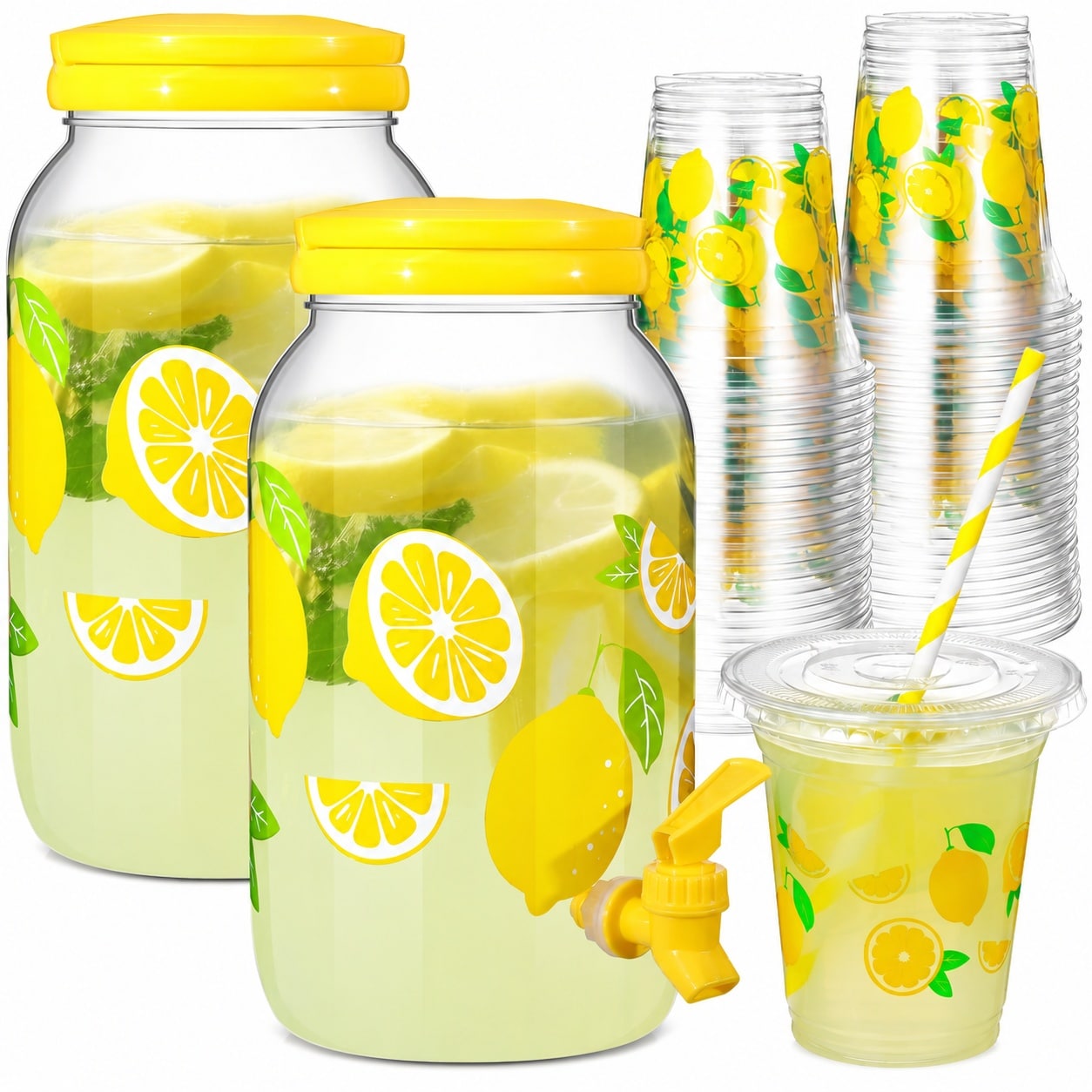 Aoibox  1 Gallon Lemon Plastic Drink Dispenser Set of 2 with 100 Cups Lids and Straws for Parties and Beverages
