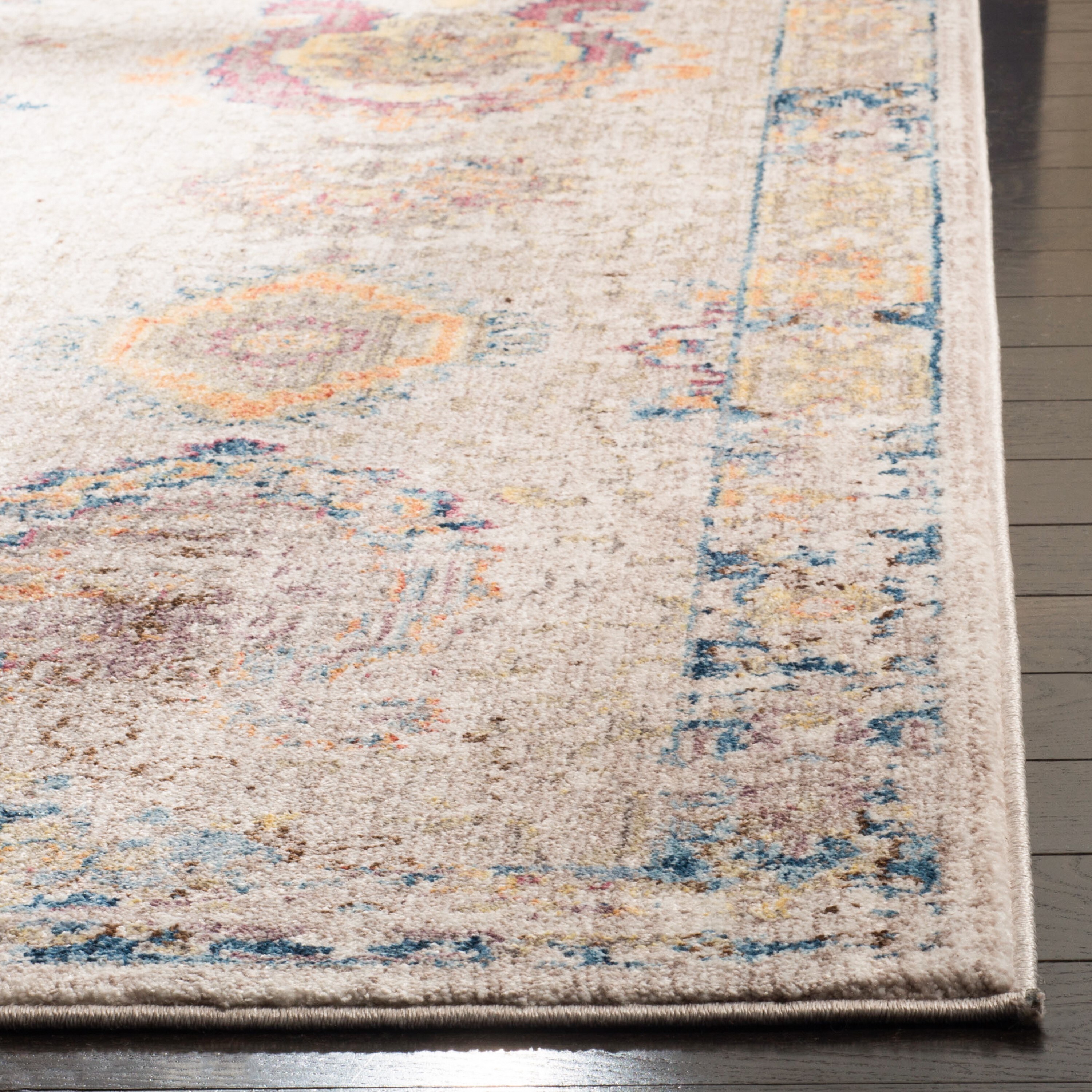Light Grey and Blue Synthetic Geometric Runner Rug