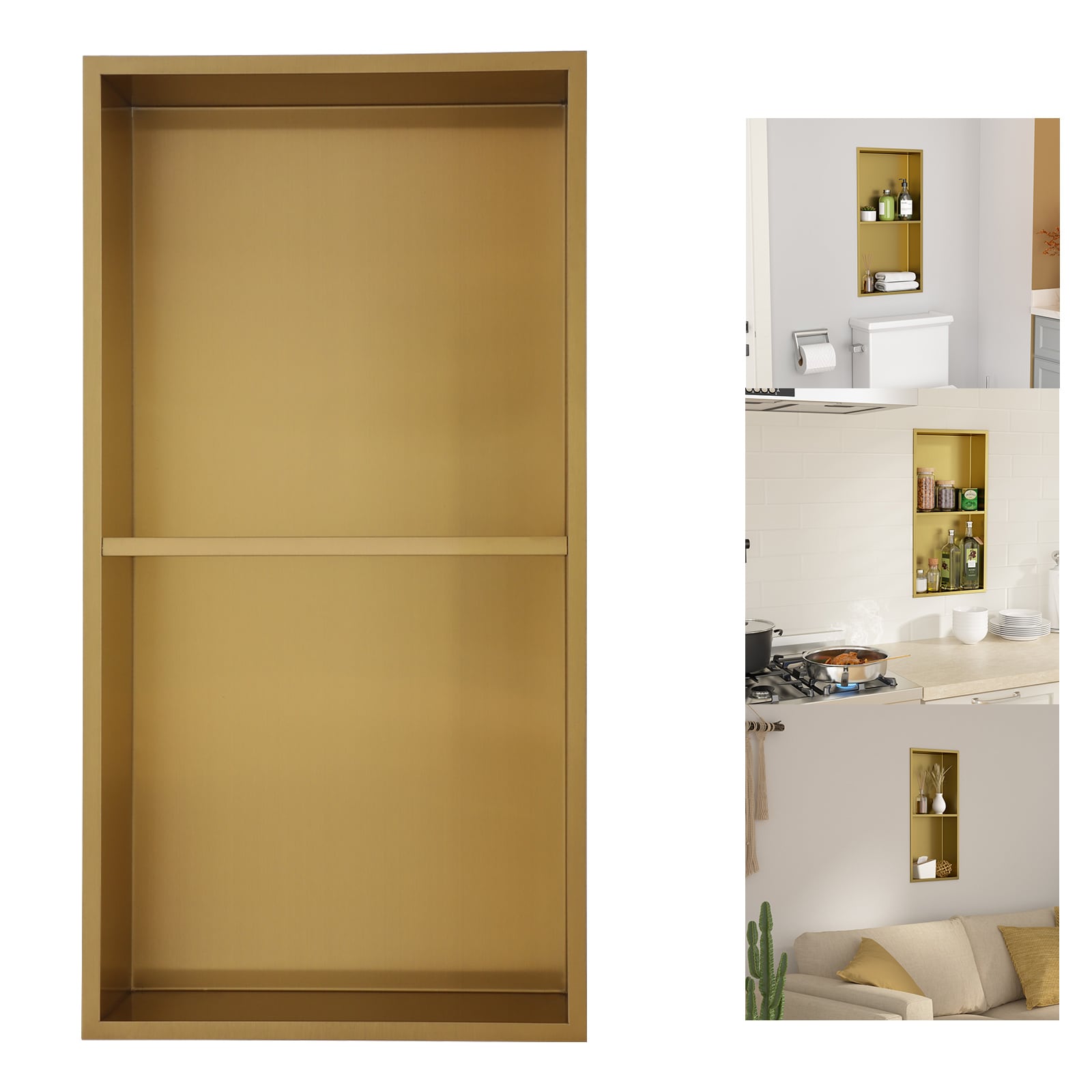 Lordear 13-in x 25-in Brushed Gold Stainless Steel Rectangular Wall Recessed Shower Niche Double Shelf