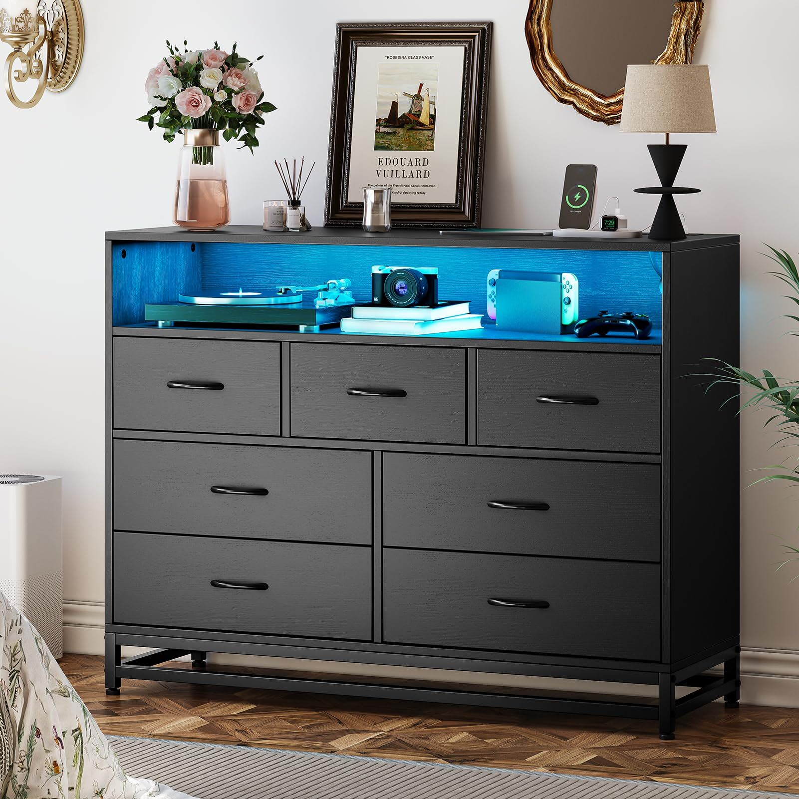 Qeetex HHYLS-PHO140X8RTQ Dresser with 7 Drawers for Bedroom Wooden Long Dresser with LED Lights and Charging Station Modern Wide Chest of Drawers with Large Capacity Storage for Living Room Hallway