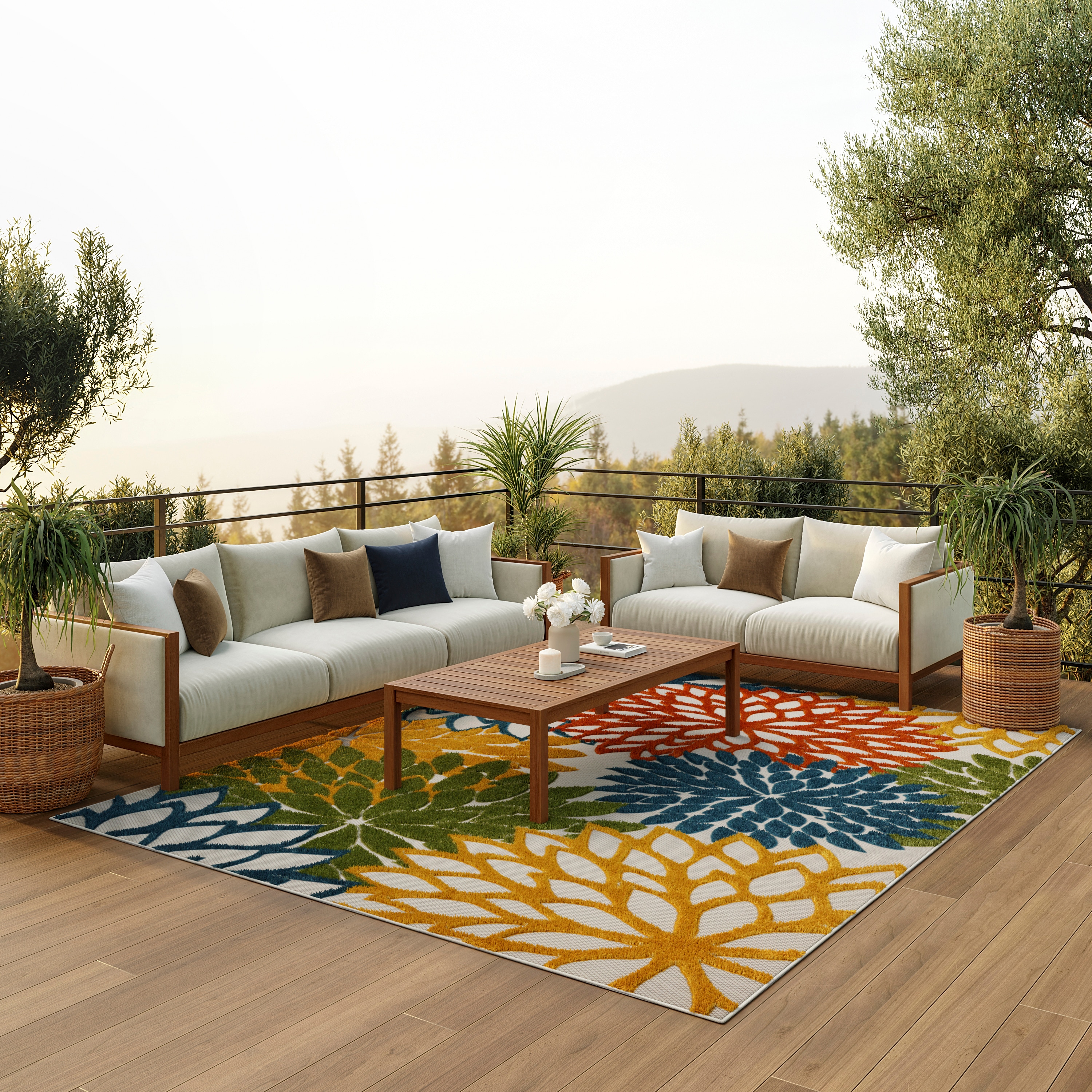 Nourison Home Aloha 10 x 13 (ft) Loomed Polypropylene Turquoise Multicolor Rectangular Indoor/Outdoor Floral/Botanical Tropical Area rug #099446827241