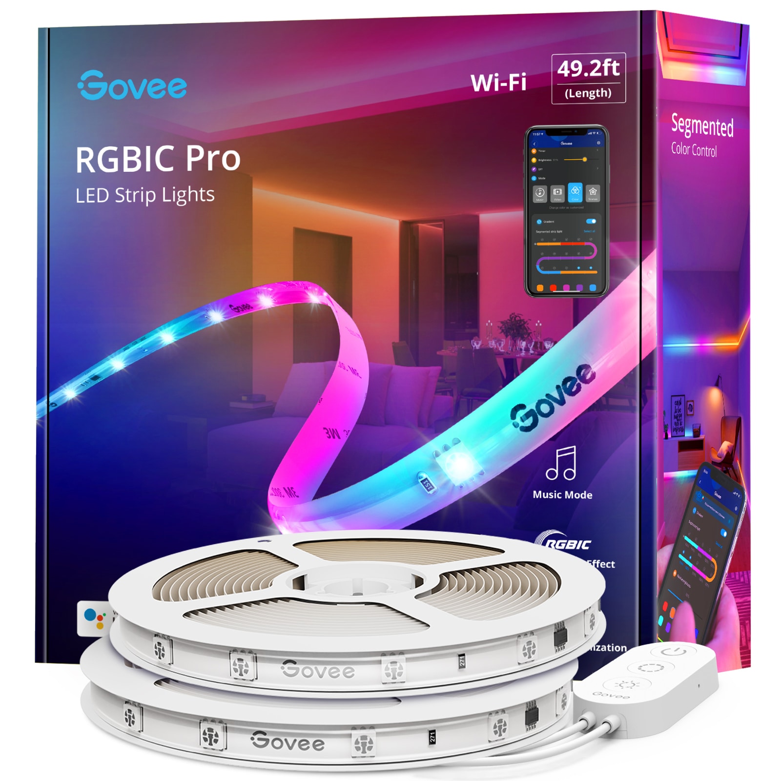 Govee 49.2ft Wi-Fi RGBIC LED Strip Light, Color Changing, Dimmable, Voice Control, Alexa & Google Compatible, Energy Efficient