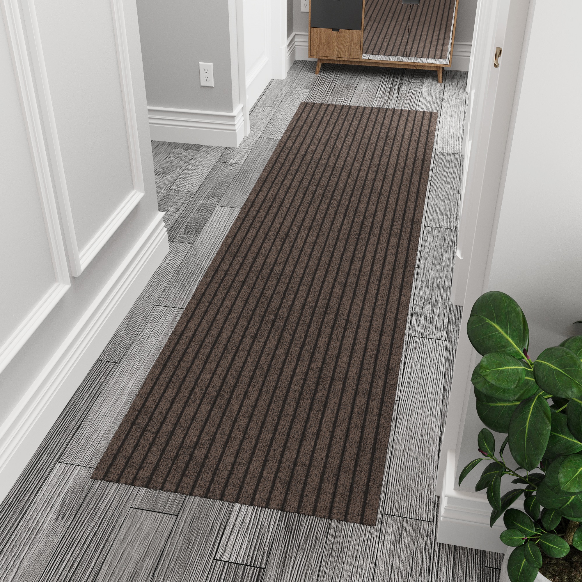 Ottomanson SRT808-3X7 Non-Slip Utility Hallway Runner 3 x 7 (ft) Loomed Polyester Brown Ribbed Rectangular Indoor/Outdoor Industrial Runner rug