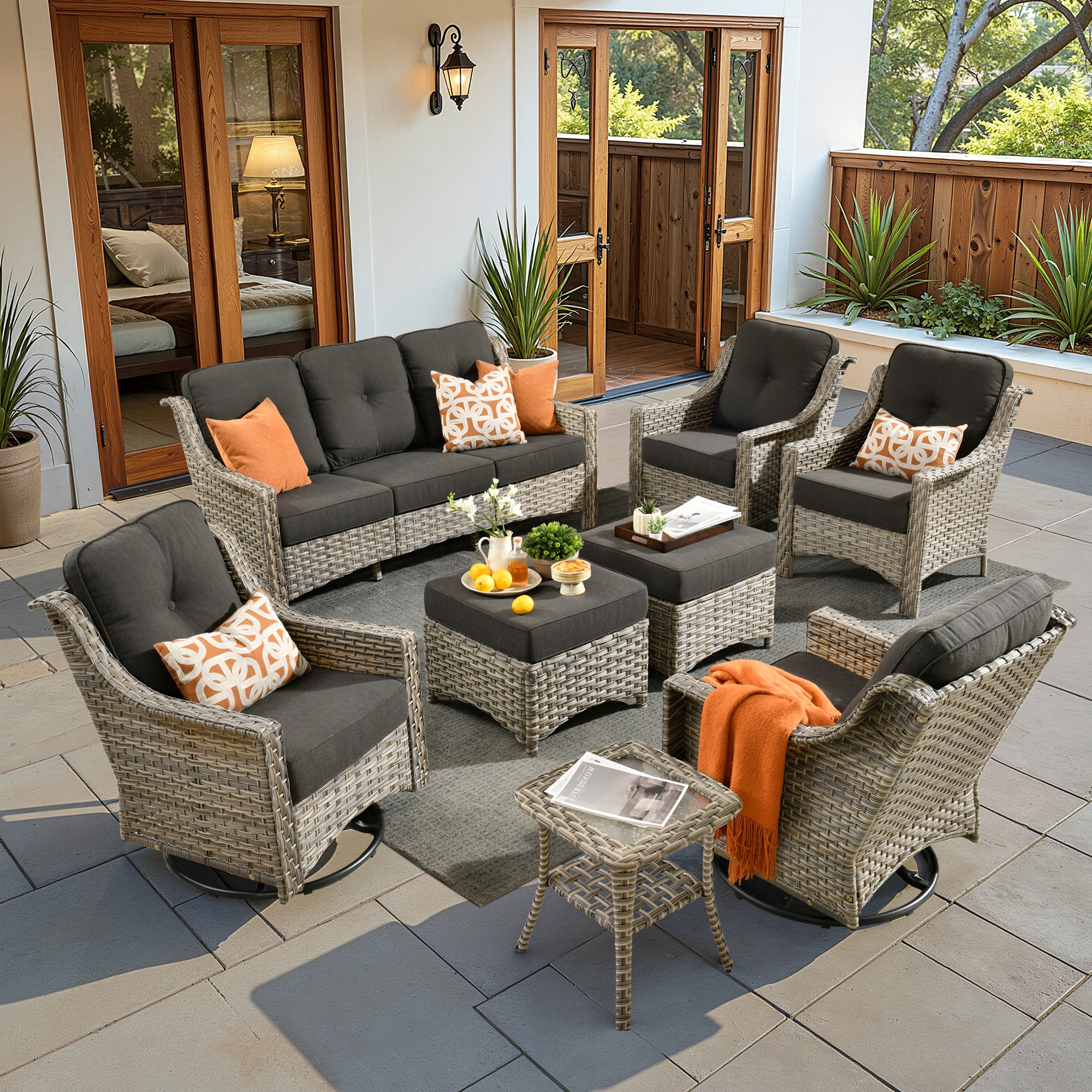 ALTRIGUS 6L-YZPAD108-AL 8 -Piece Wicker Patio Sofa Conversation Set with Black Cushions