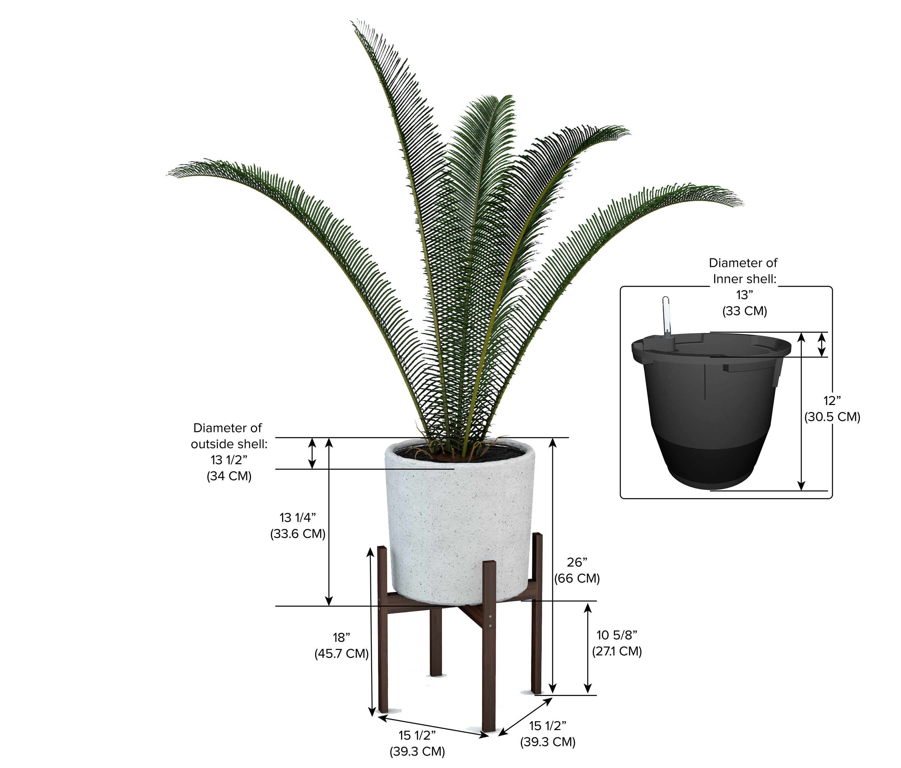 Graphite Self-Watering Planter with Bamboo Stand, 14 Inch