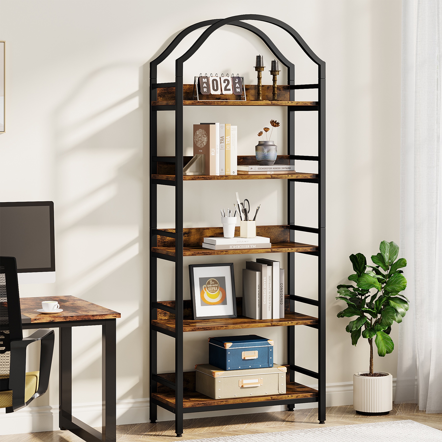 Tribesigns Rustic Brown and Black Metal 7-Shelf Corner Bookcase (13.4-in W x 78.74-in H x 13.4-in D) Unfinished | HOGA-C0820