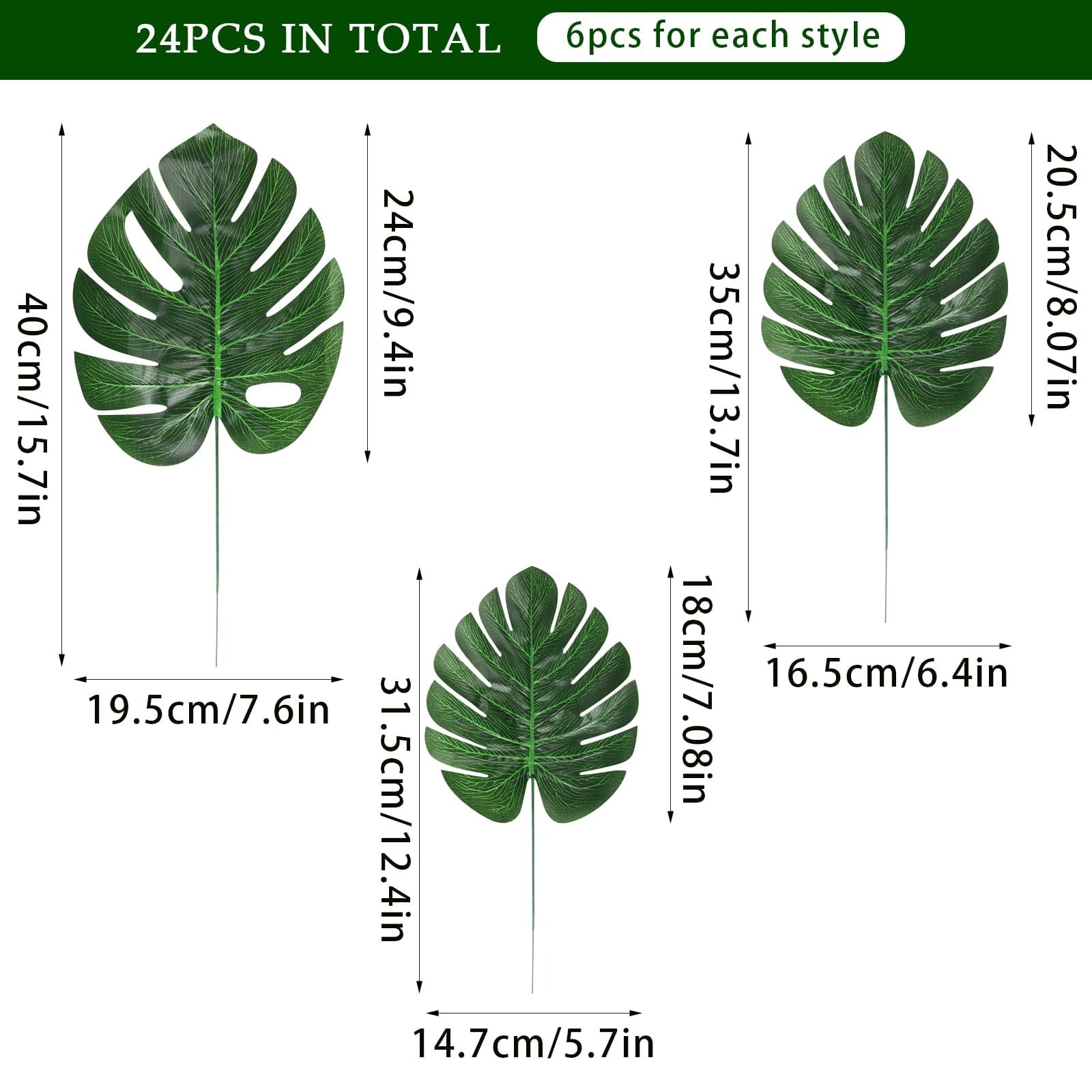 Aoibox  Green Artificial Palm Leaves Faux Monstera Safari Leaves with Stems for Luau Party Jungle Decor 24 Pack