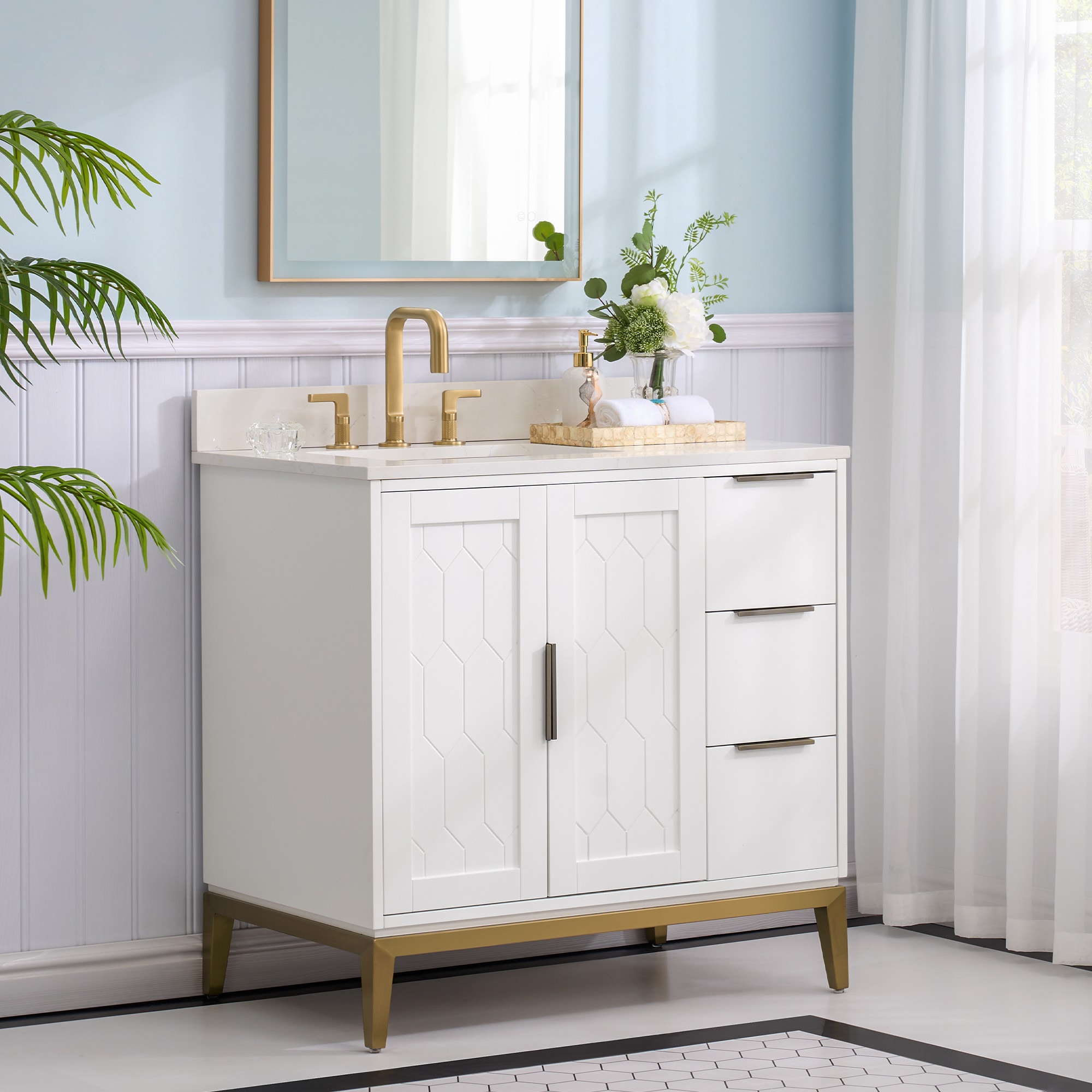 WELLFOR VEX-36LGY Alison 36-in Bathroom Vanities with Top 36-in White Undermount Single Sink Bathroom Vanity with Carrera White Quartz Top