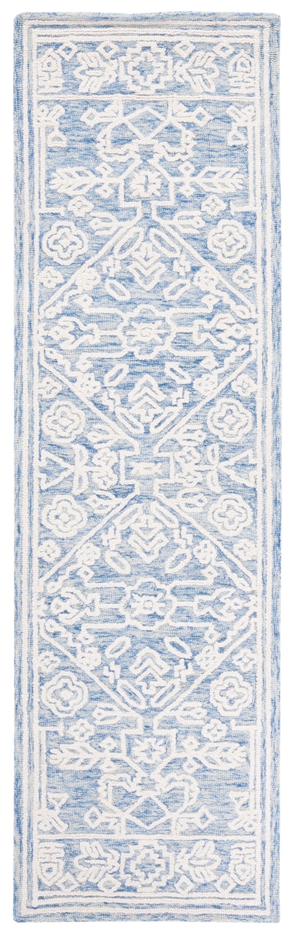 Elegant Country Floral Hand-Tufted Wool Rug - Blue Ivory, 27x7 in
