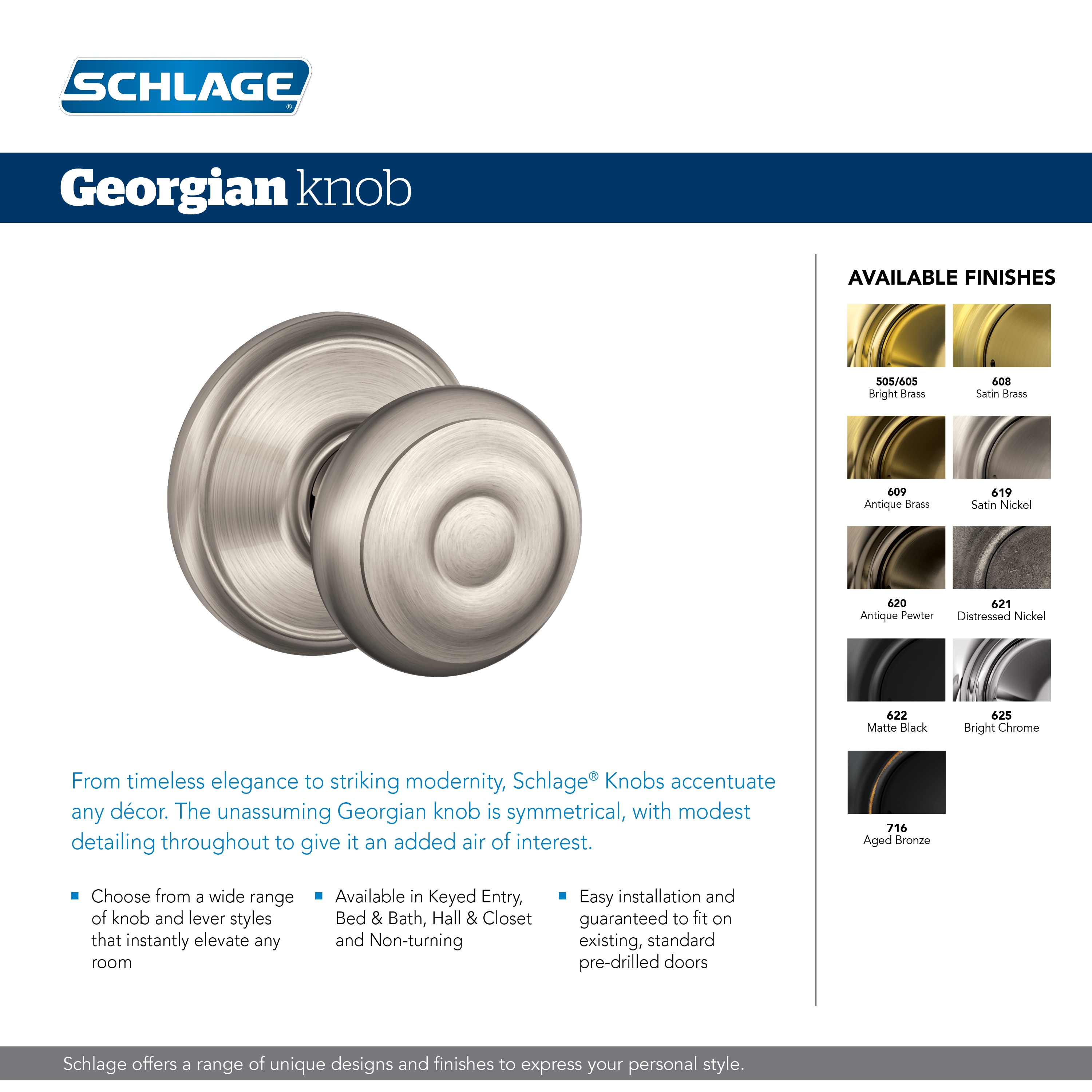 Schlage Georgian Satin Nickel Exterior Single-cylinder deadbolt Keyed Entry  Door Knob Combo Pack in the Door Knobs department at