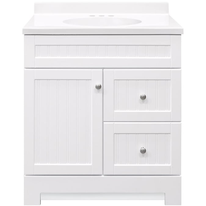 White Single Sink Bathroom Vanity With, White Bathroom Vanities With Marble Tops