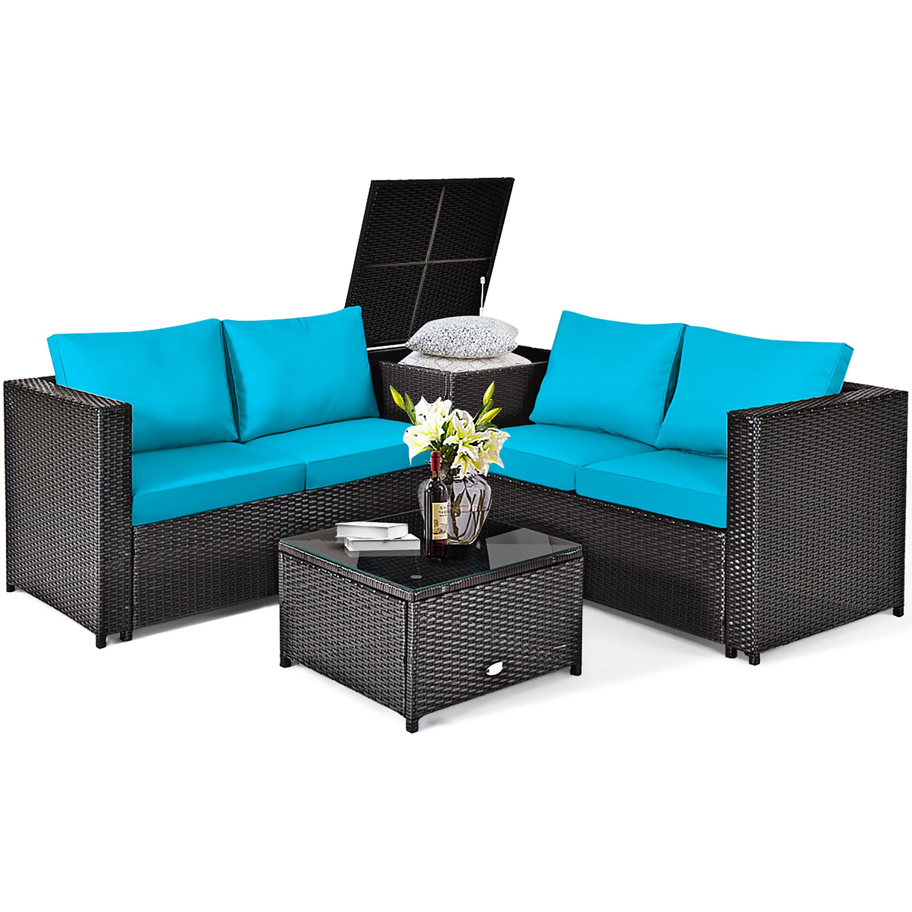 Costway HW66714TU+ 4 -Piece Rattan Patio Conversation Set with Green Cushions