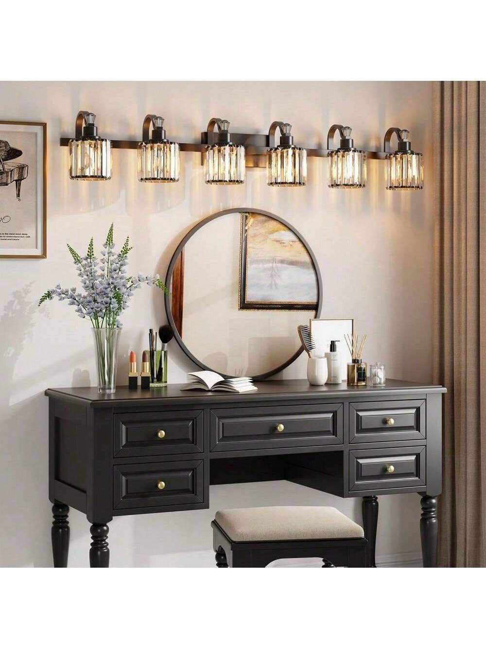 Qeetex PHO-156KQUP0-HF4 6 lamp Crystal Matte Black Bathroom Vanity Lights. Modern Bathroom Vanity Light Fixtures Mirrored Bathroom Wall Lights. E26 Base