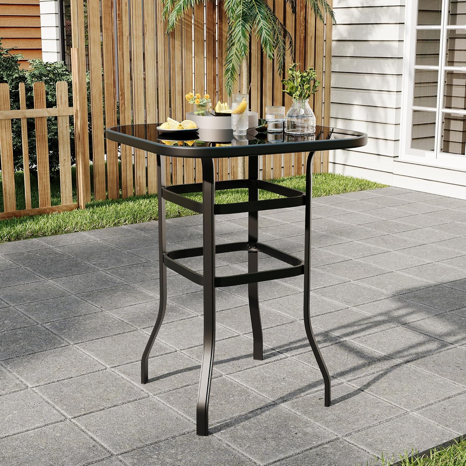Garvee Patio Bar Height Table Metal Frame Patio Bar Table Tempered Glass Height High Top Outdoor Table for Backyard Poolside and Garden