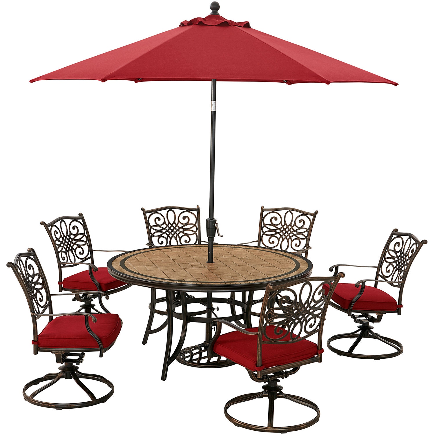 Hanover MONDN7PCSW6RDTLCSUR 7-Piece Brown Wicker Patio Dining Set Aluminum Round Table with 6 Red Cushions Swivel Rocker Chairs