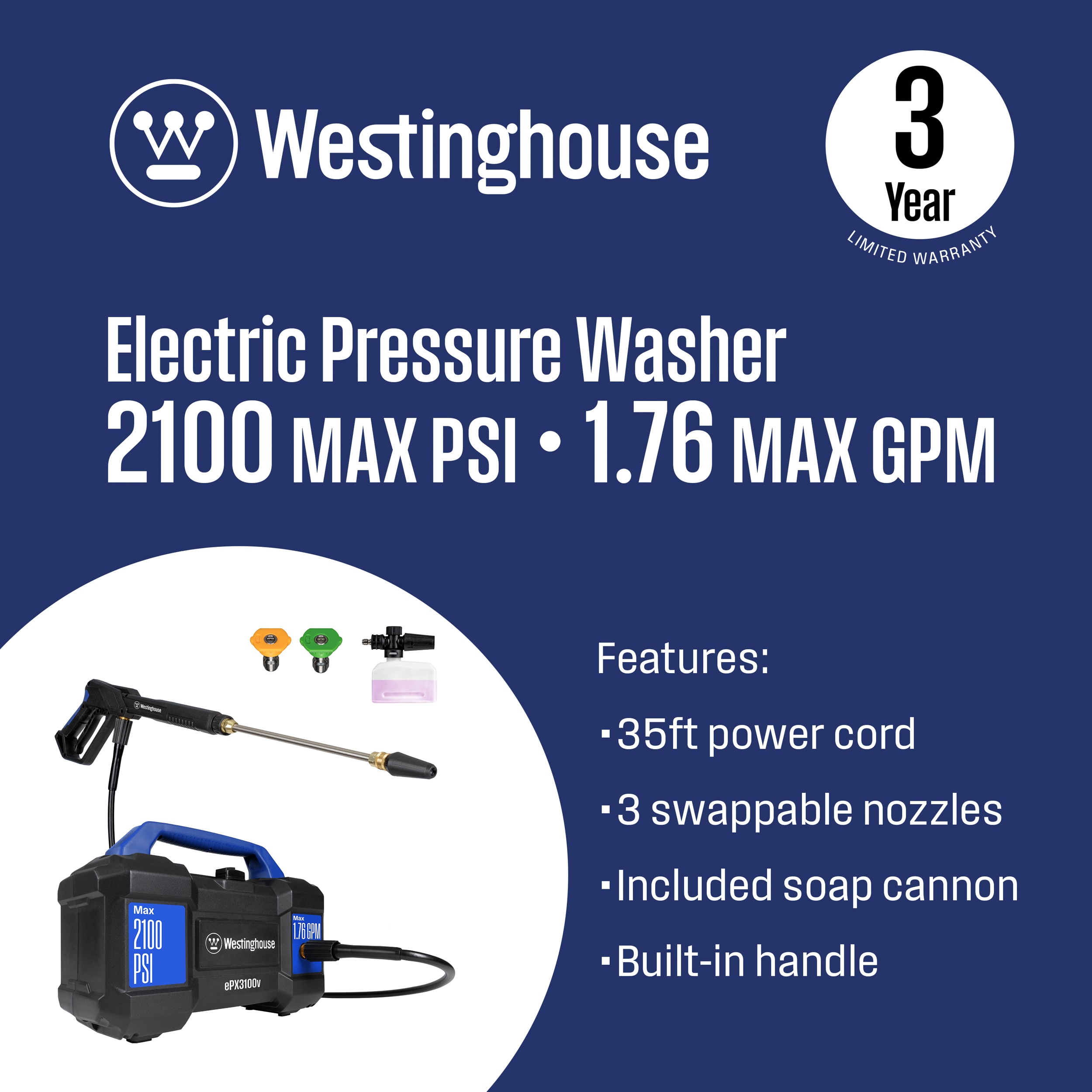 Electric Pressure Washer,2000 PSI,Max.1.76 GPM Power Washer w/ 30 ft Hose