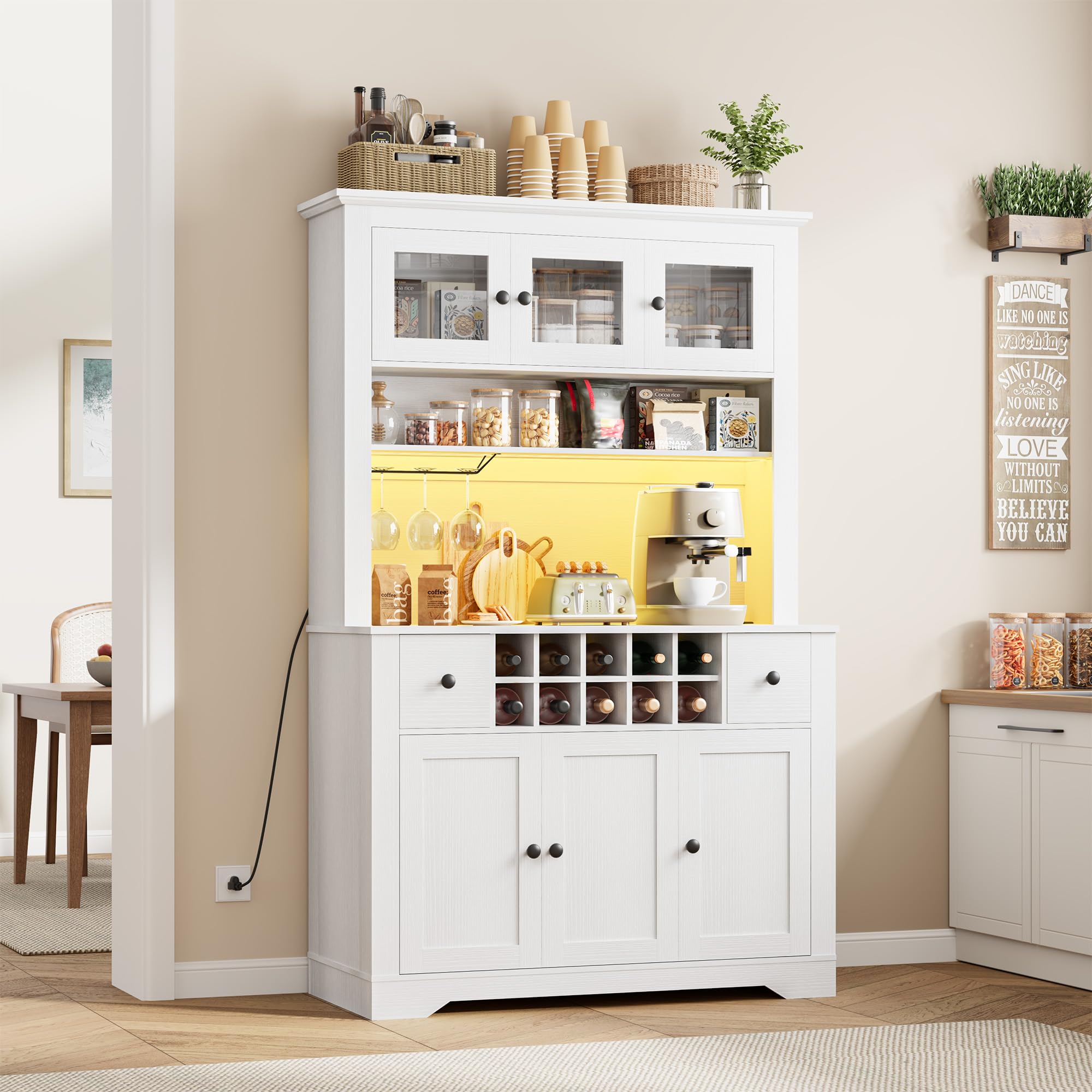 GarveeLife 69in Tall Pantry Cabinet with LED Lights and Charging Station Large Kitchen Pantry Storage Cabinet Kitchen Hutch Coffee Bar Cabinet with