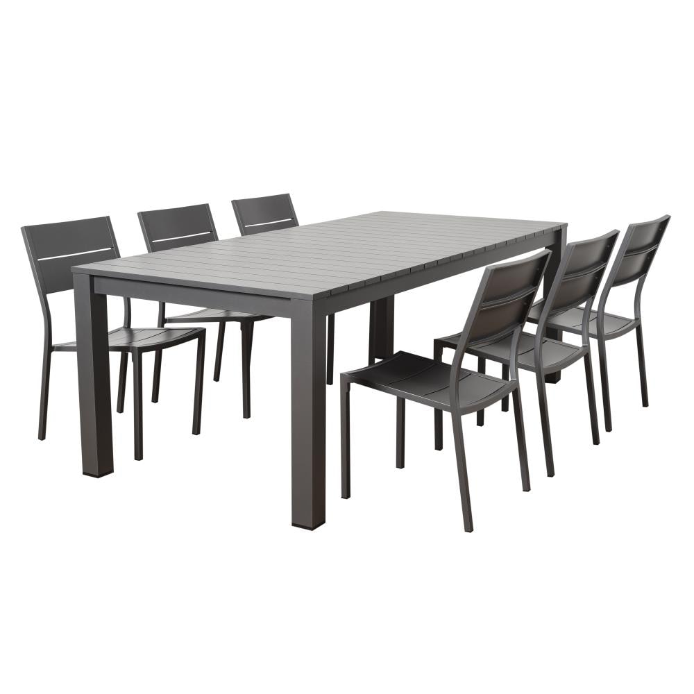 Amazonia CALRECT-6CALI Atlantic 7 -Piece Grey Patio Dining Set Aluminum Rectangle Table with 6 Stackable Stationary Chairs