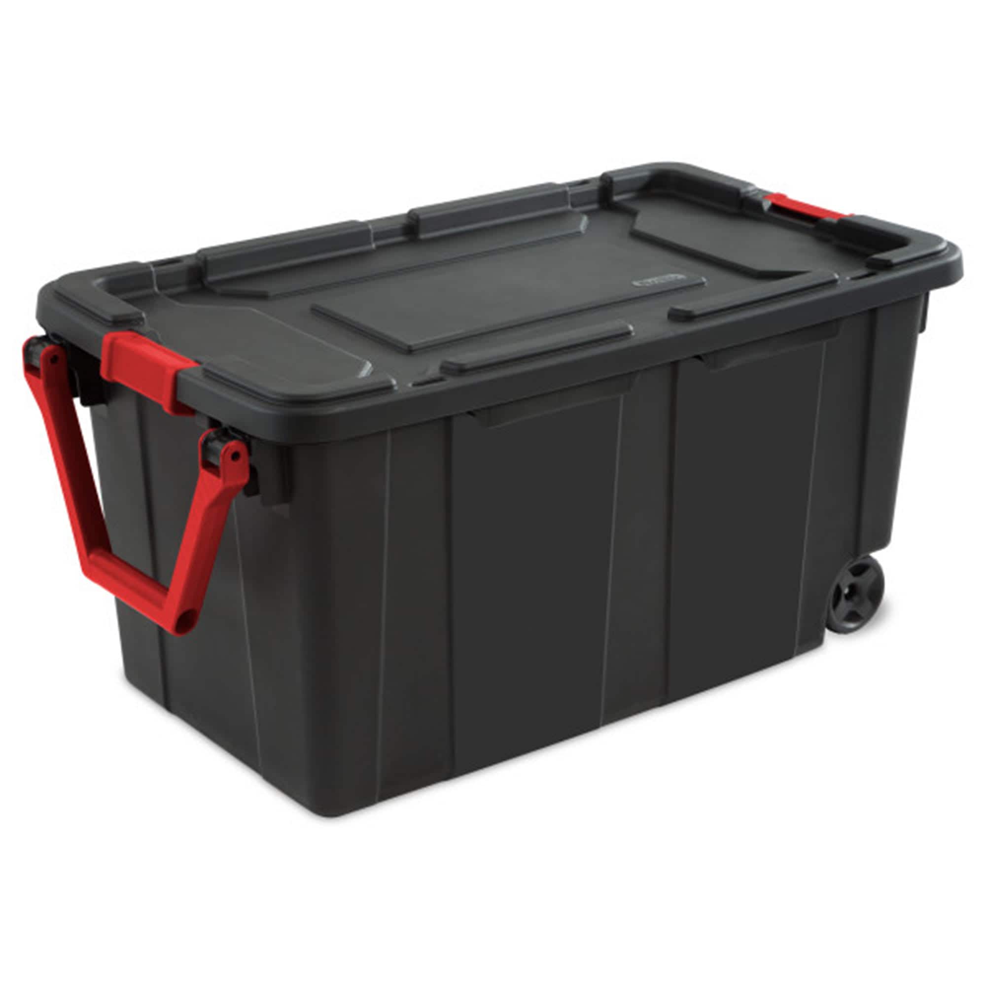 Sterilite 314869 4-Pack Storage Bins with Lids and Wheels Large Heavy Duty Totes 40 Gallon Black