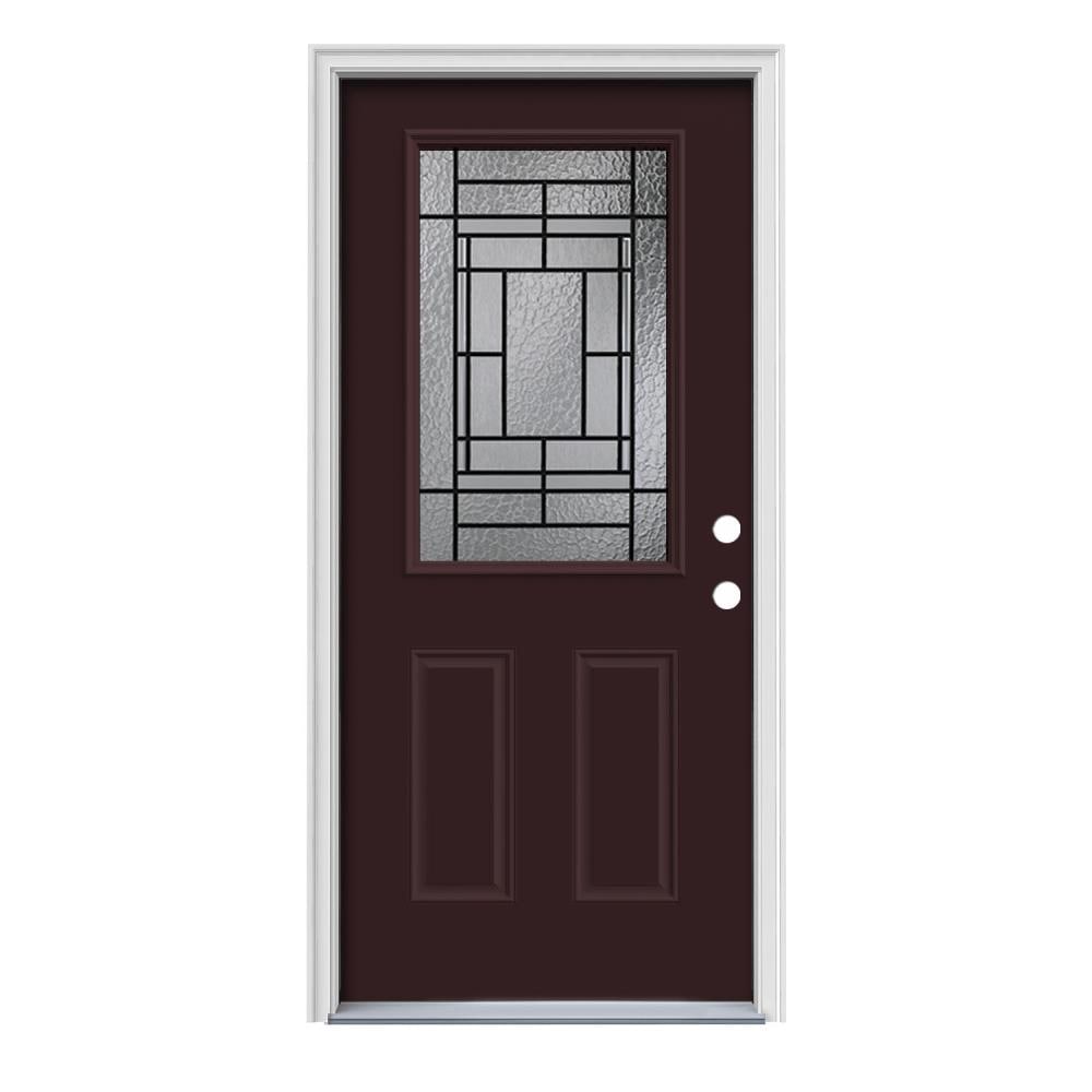 JELD-WEN LOWOLJW167000782 Pembrook 36-in x 80-in x 4-9/16-in Steel Half lite Left-hand inswing Currant Painted Prehung Front Door with Brickmould Insulating core