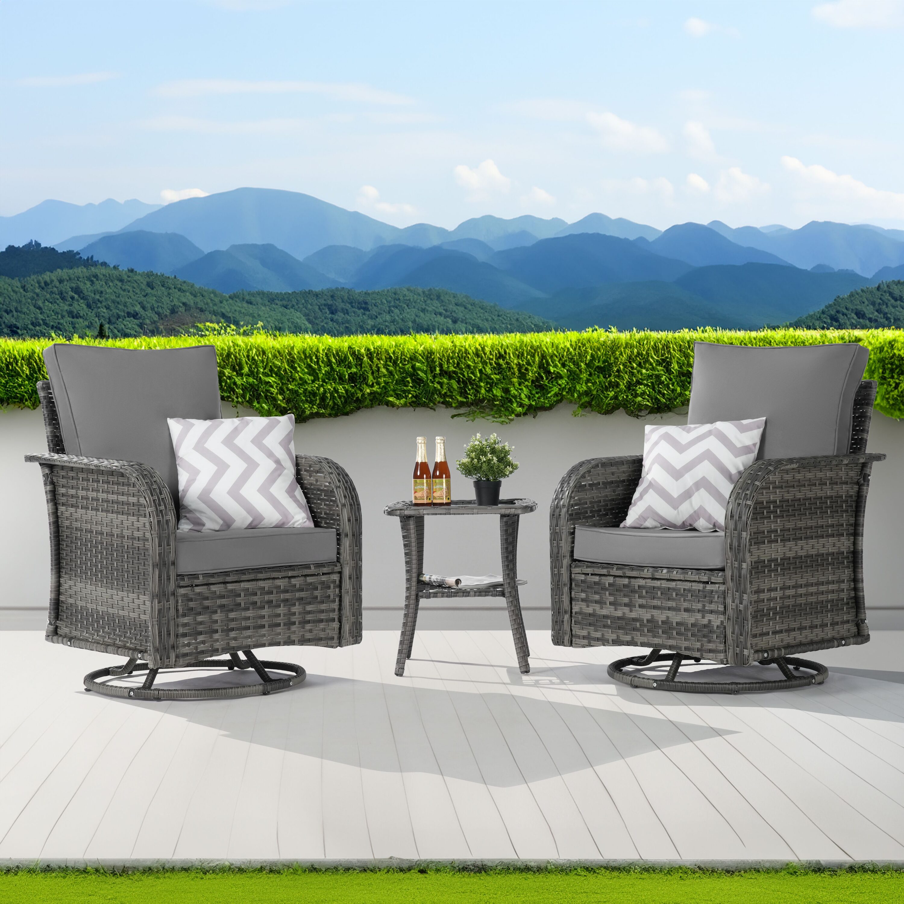 SANSTAR L-WS-S7-SN-V1 Patio Conversation Set 3 -Piece Wicker Patio Conversation Set with Beige Cushions
