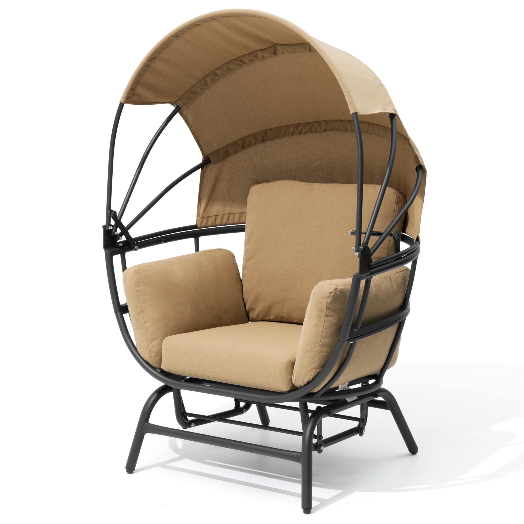 Crestlive Products CL-DC205BTT Outdoor Rocking Egg Chair with Canopy black Metal Frame Egg Chair with Tan Cushioned Seat