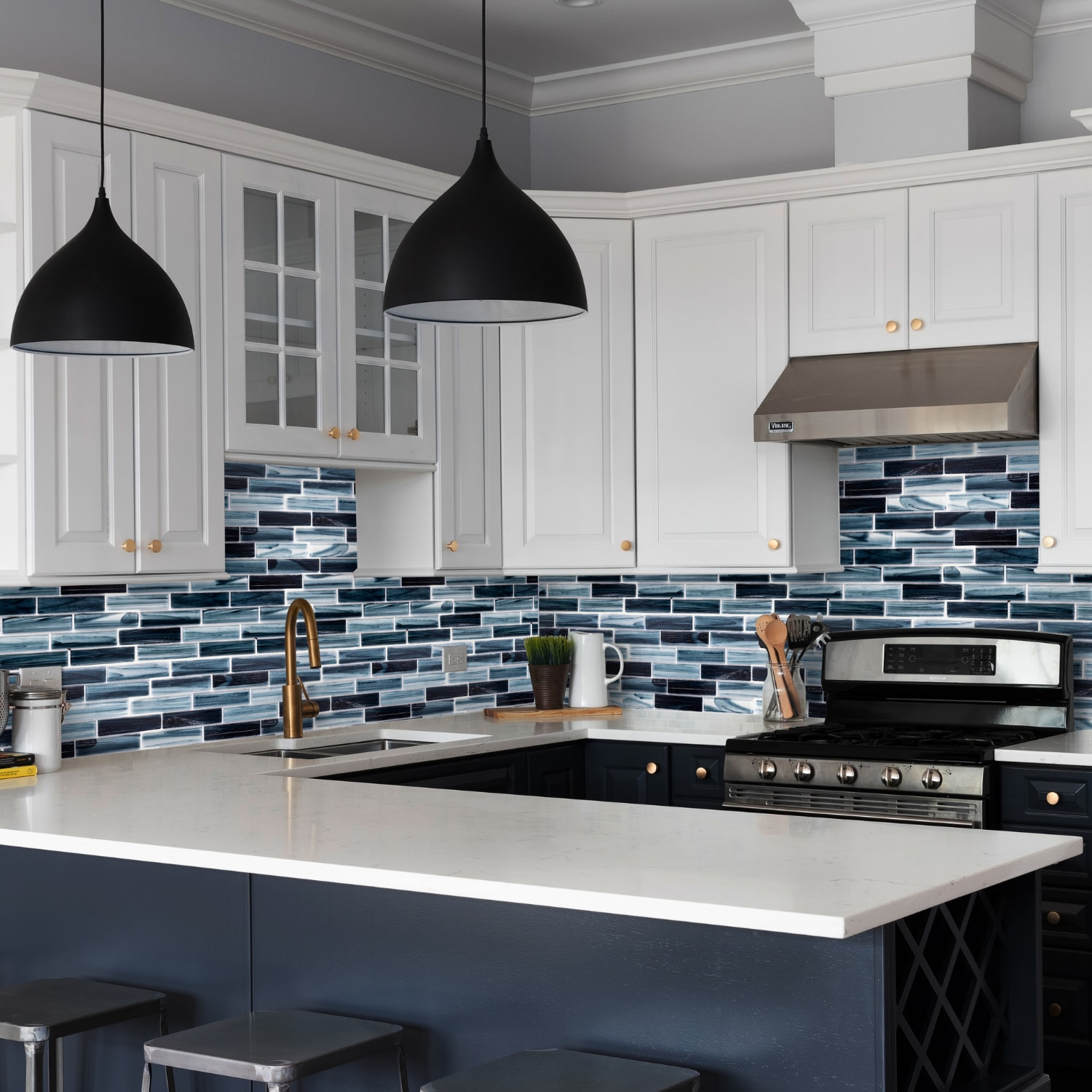 Island Antigua Blue Glass Brick Mosaic Wall Tile, 12x12 Inch