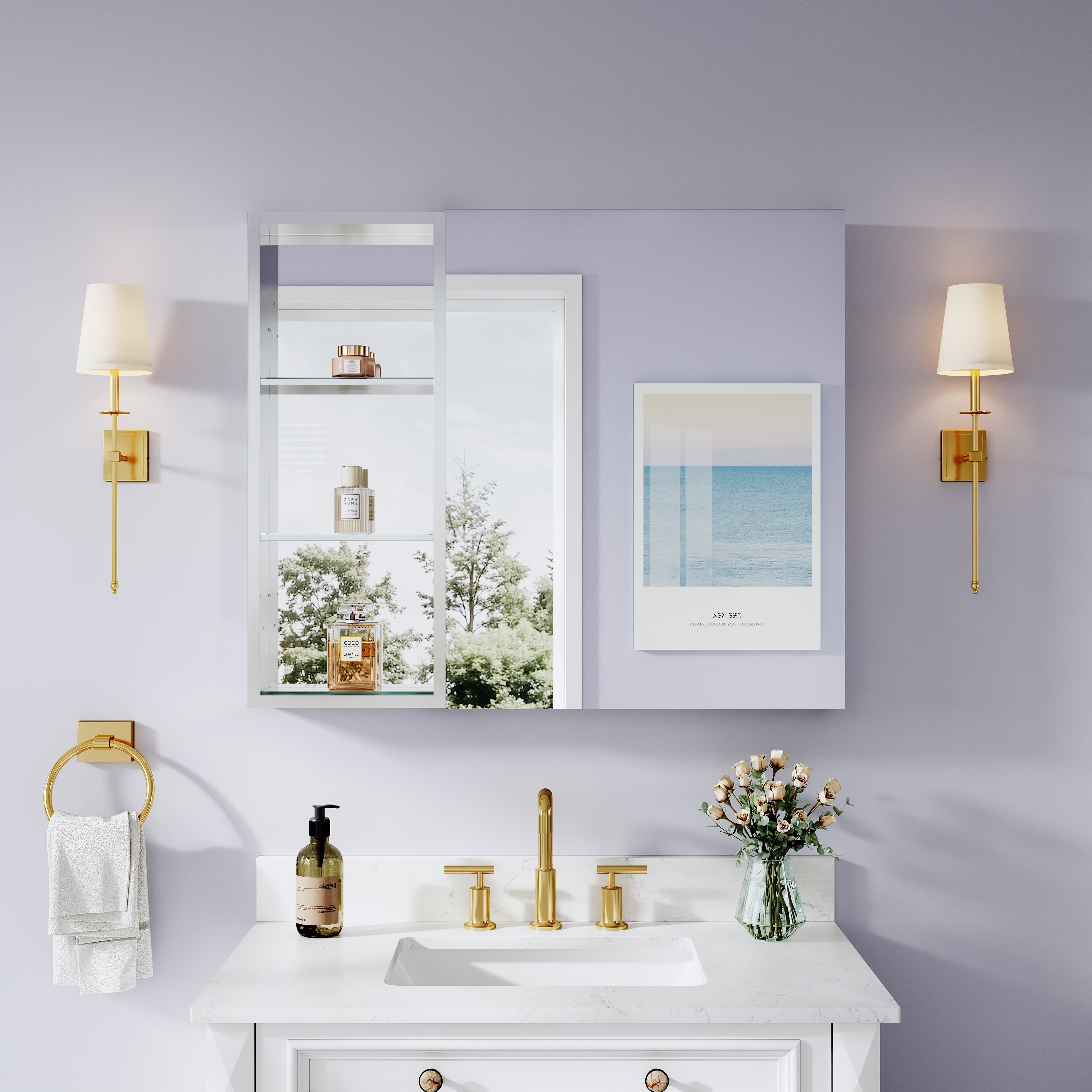 CALVON - Bathroom Medicine Cabinets Reversible 30-in x 30-in Surface/Recessed Mount Chrome Mirror...