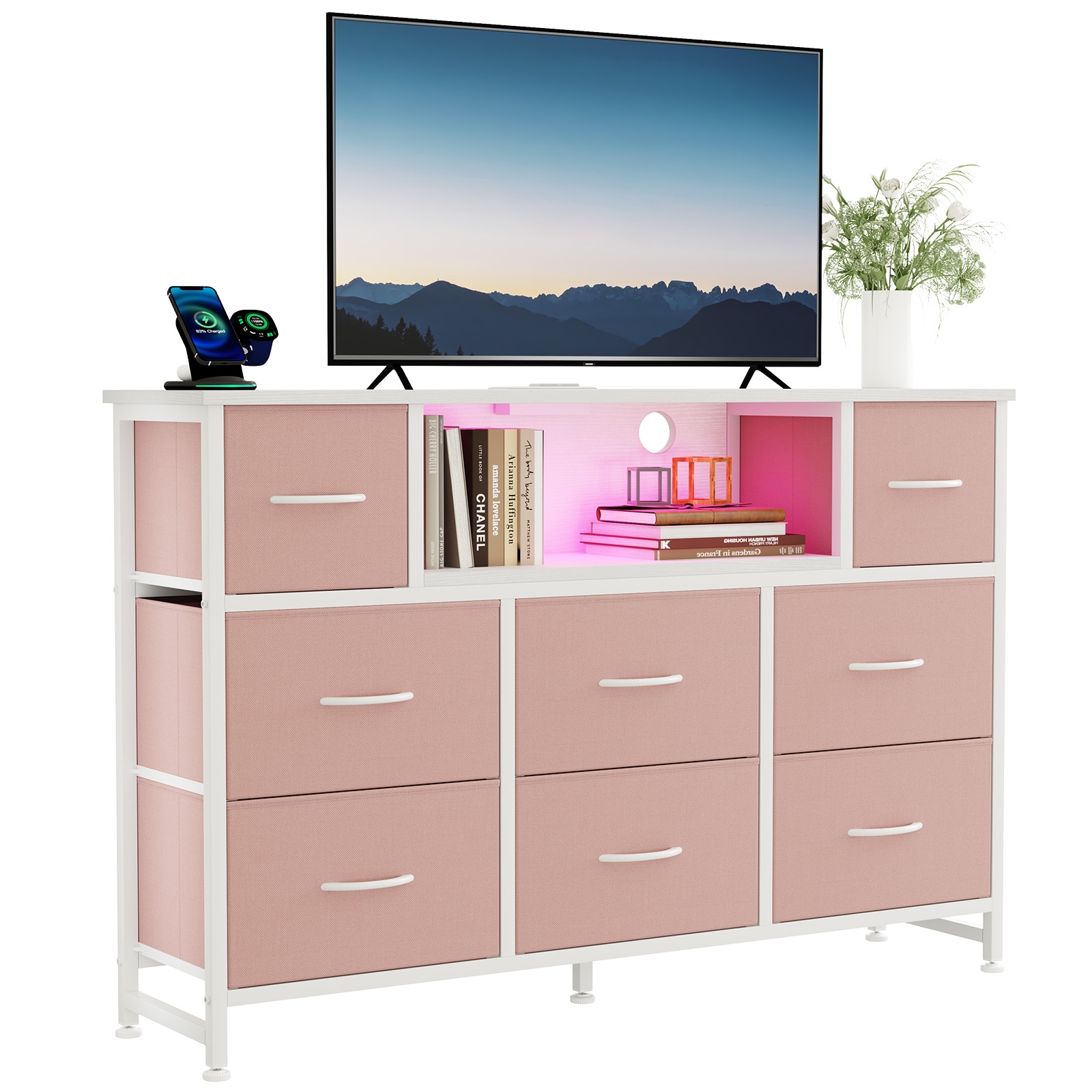 Sweetcrispy Modern 8-Drawer Dresser TV Stand Console with LED Lights and Power Outlets Pink