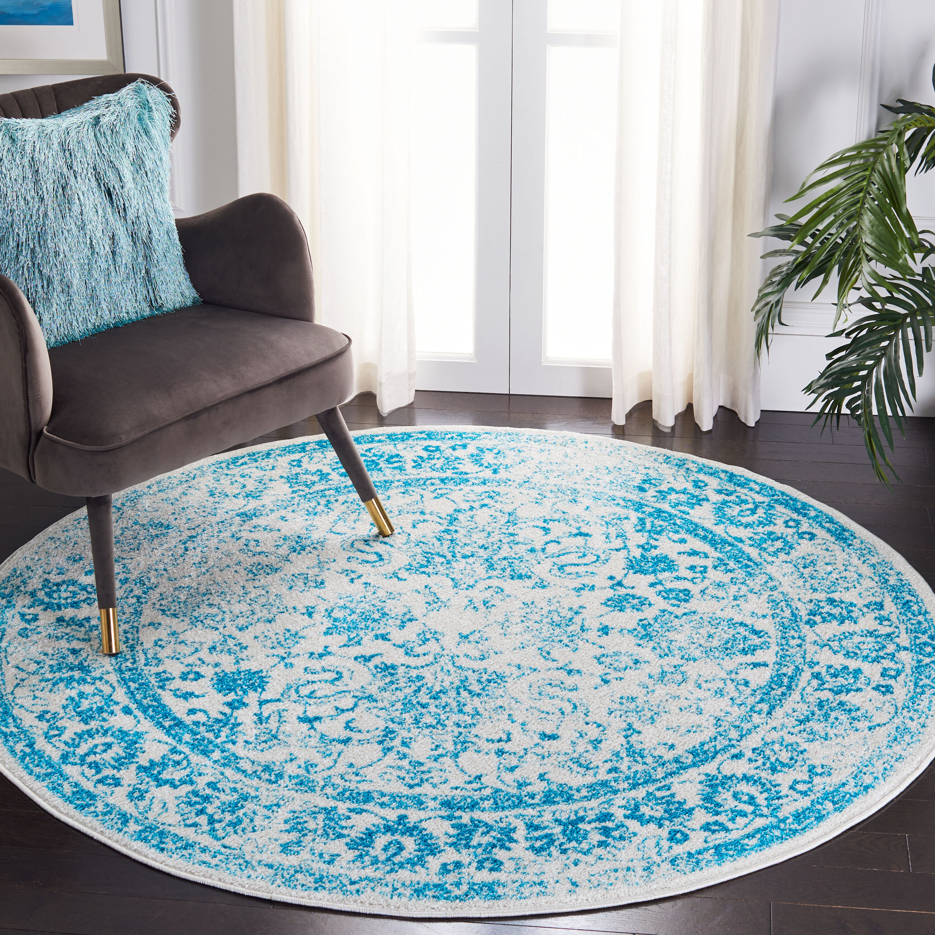 Safavieh ADR109D-6R Adirondack Kashan 6 x 6 (ft) Loomed Polypropylene Ivory/Teal Round Indoor Distressed/Overdyed Vintage Area rug