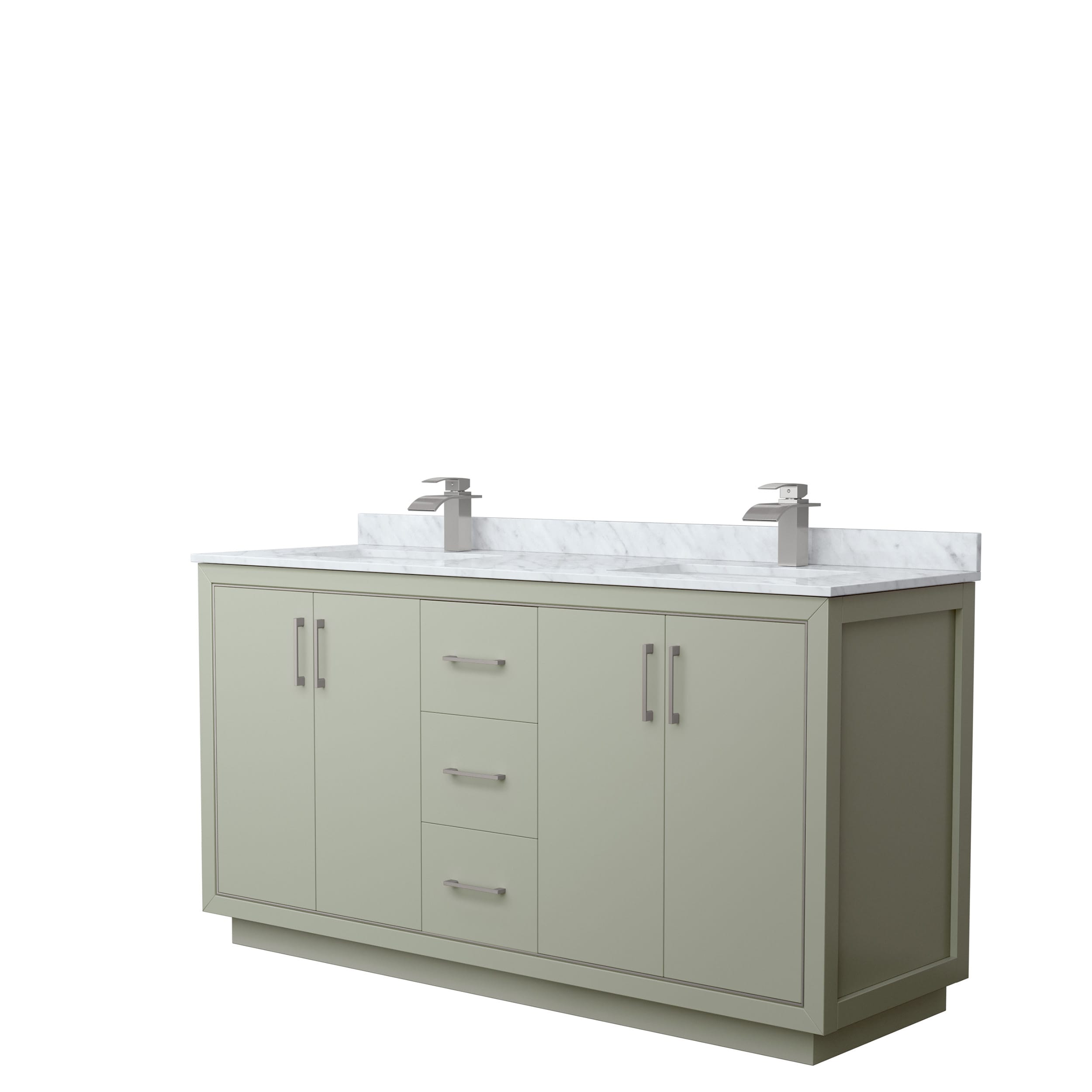 Wyndham Collection WCF111166DLGCMUNSMXX Icon 66-in Light Green with Brushed Nickel Trim Undermount Double sink Bathroom Vanity with White Carrara marble Natural marble Top